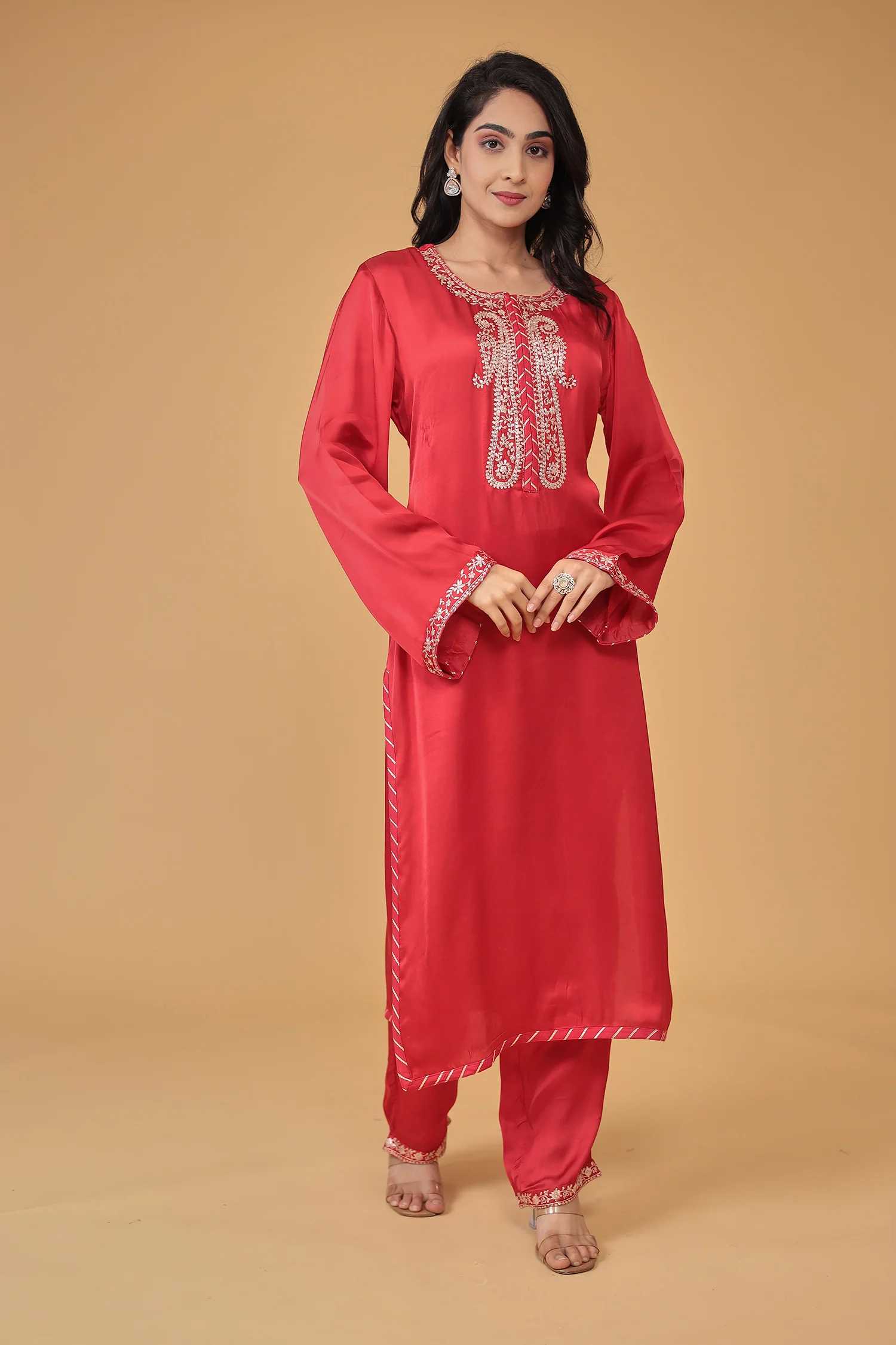 Satin Silk Suit Embroidered with Pittan work - Image 3