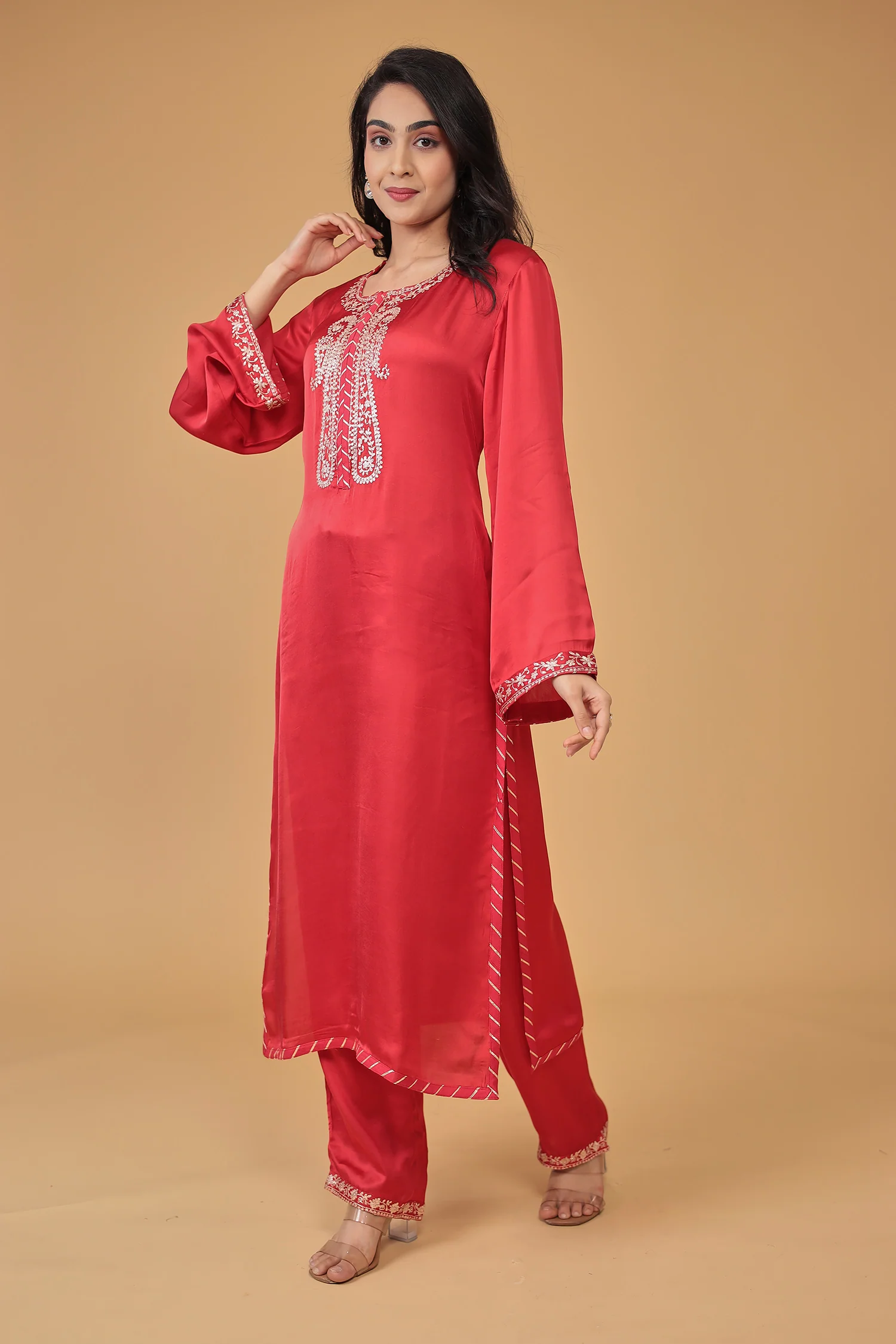 Satin Silk Suit Embroidered with Pittan work - Image 5