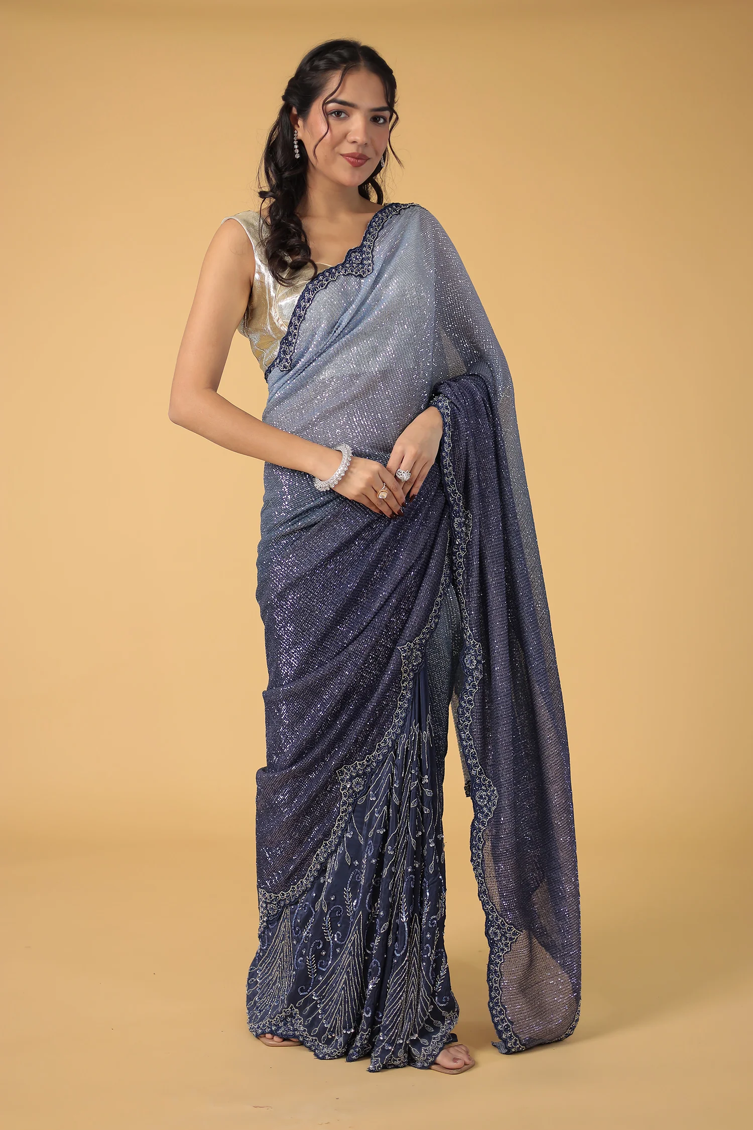 Peach Shimmer Net Silk Saree  with Cutdana and Sequins work - Image 10