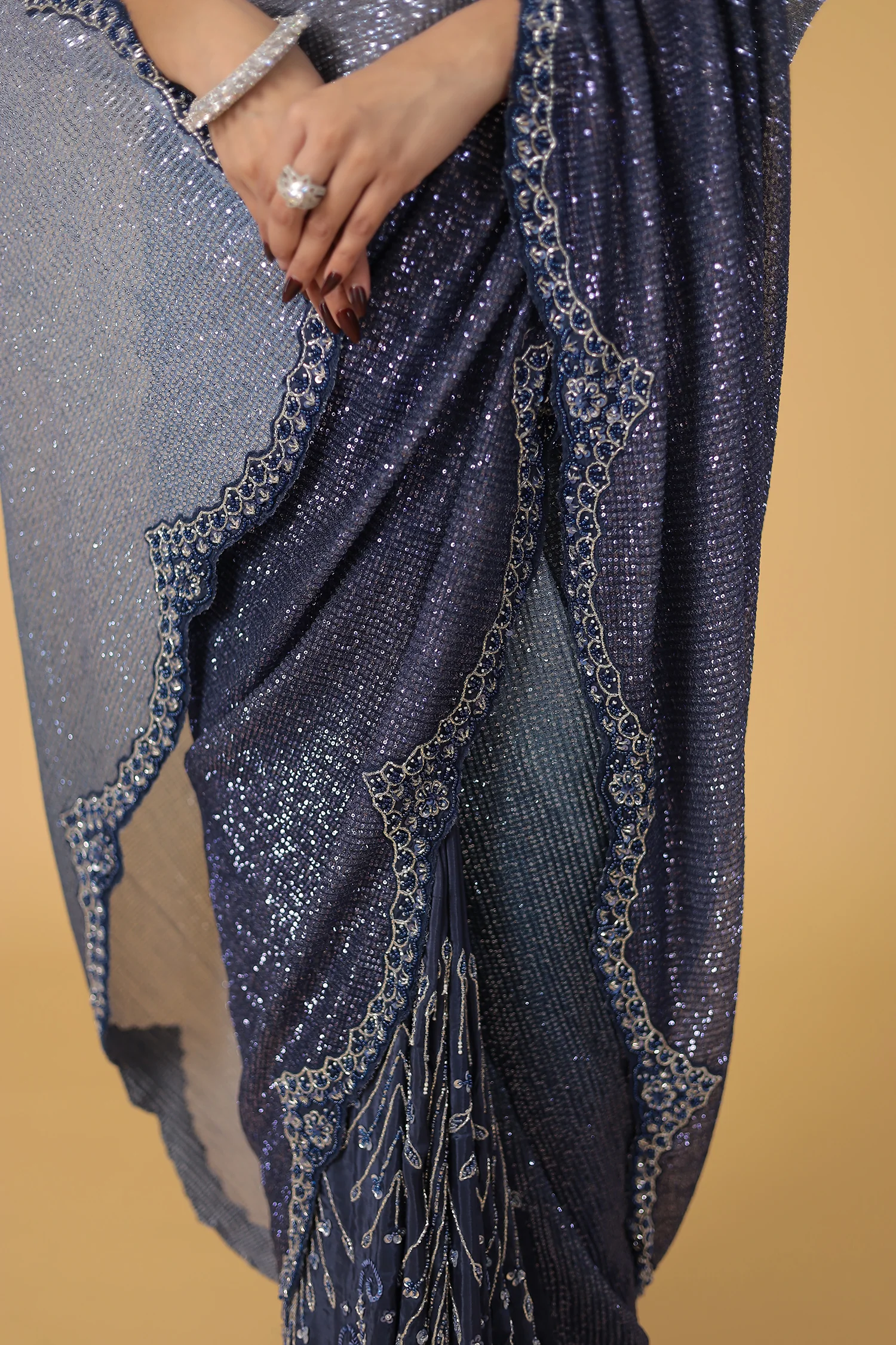 Peach Shimmer Net Silk Saree with Cutdana and Sequins work - Image 11