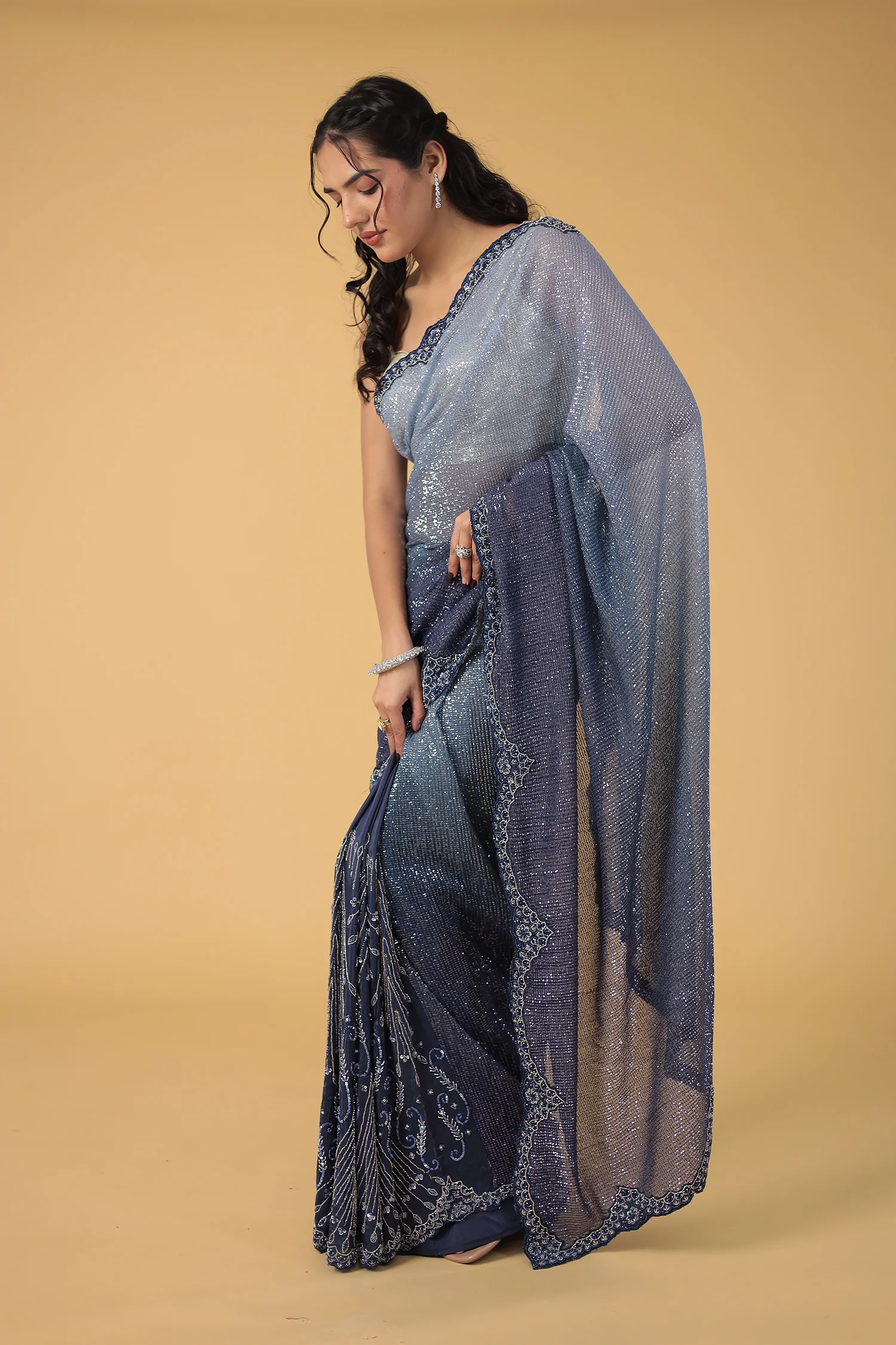 Peach Shimmer Net Silk Saree with Cutdana and Sequins work - Image 12