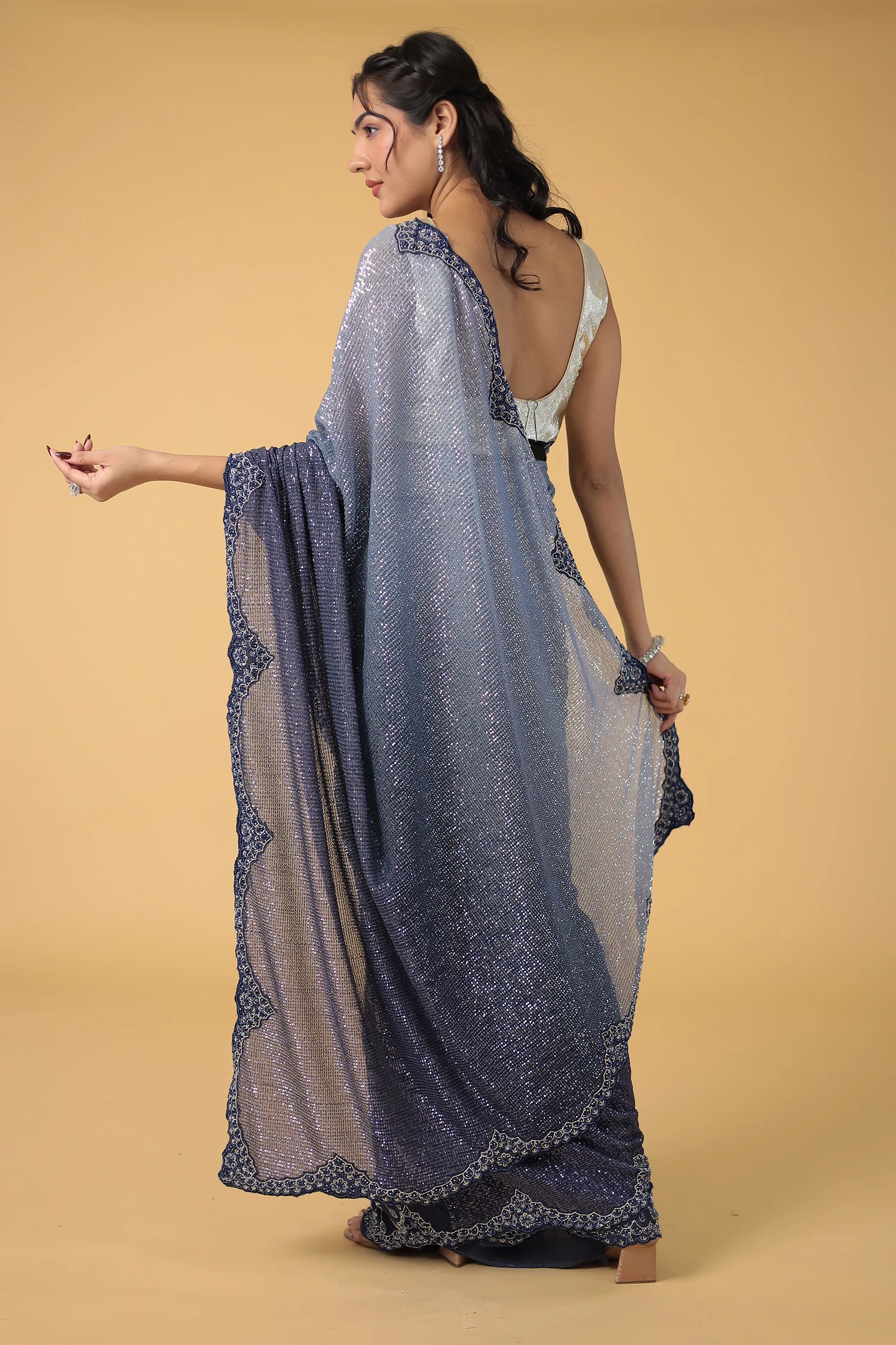 Peach Shimmer Net Silk Saree  with Cutdana and Sequins work - Image 13