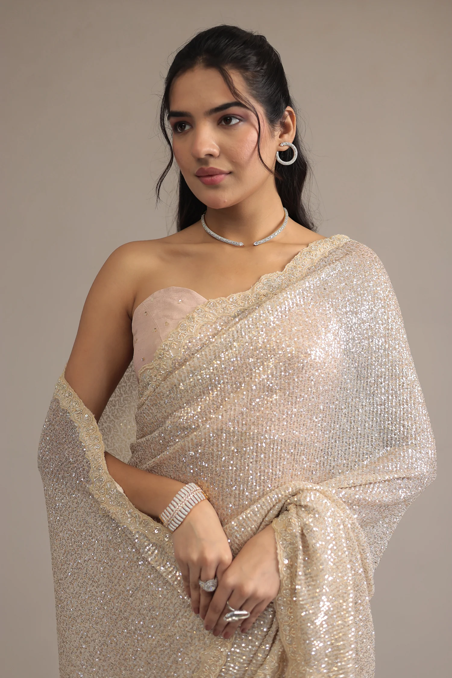 Peach Shimmer Net Silk Saree with Cutdana and Sequins work - Image 2