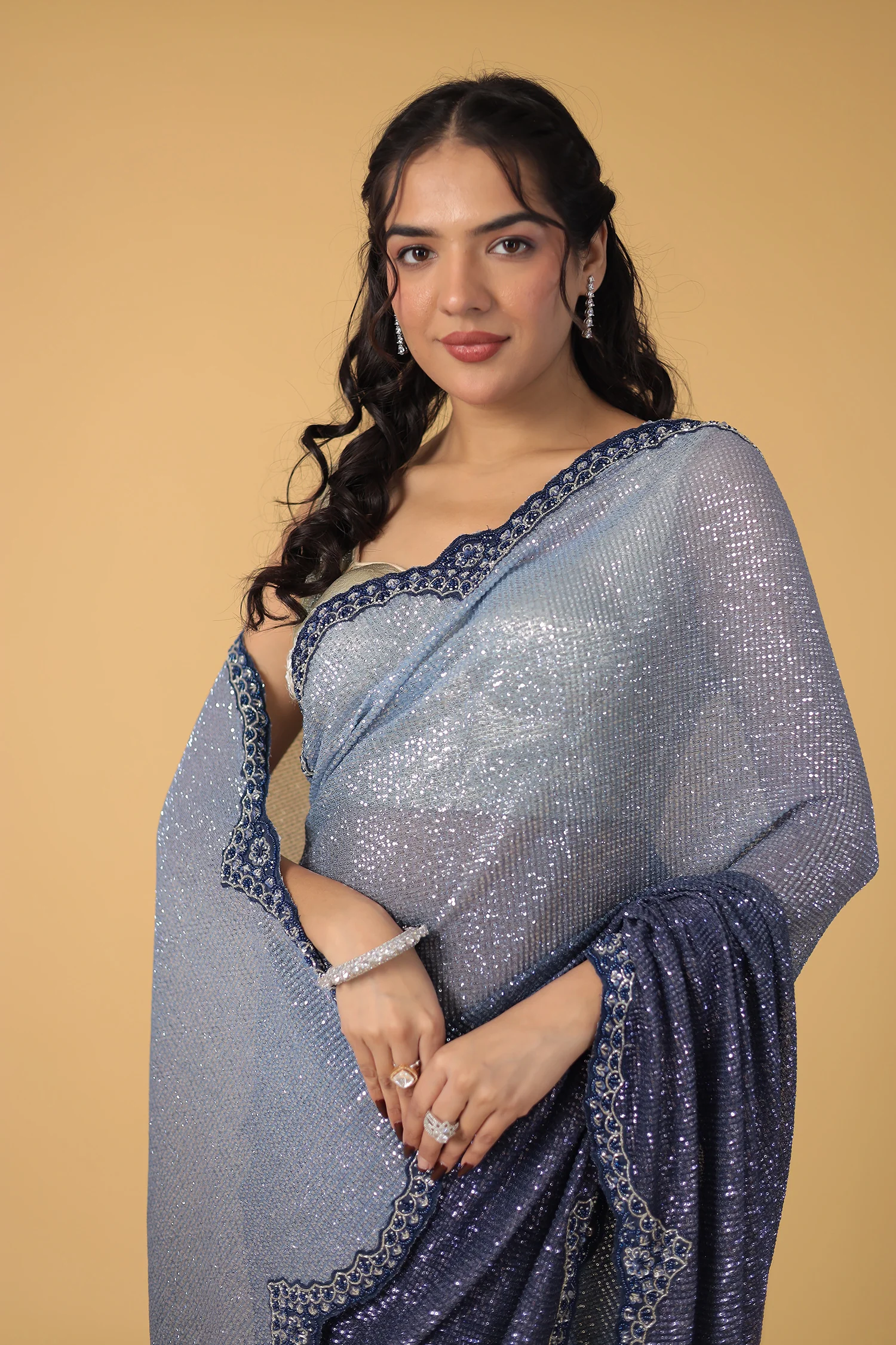 Peach Shimmer Net Silk Saree with Cutdana and Sequins work - Image 9