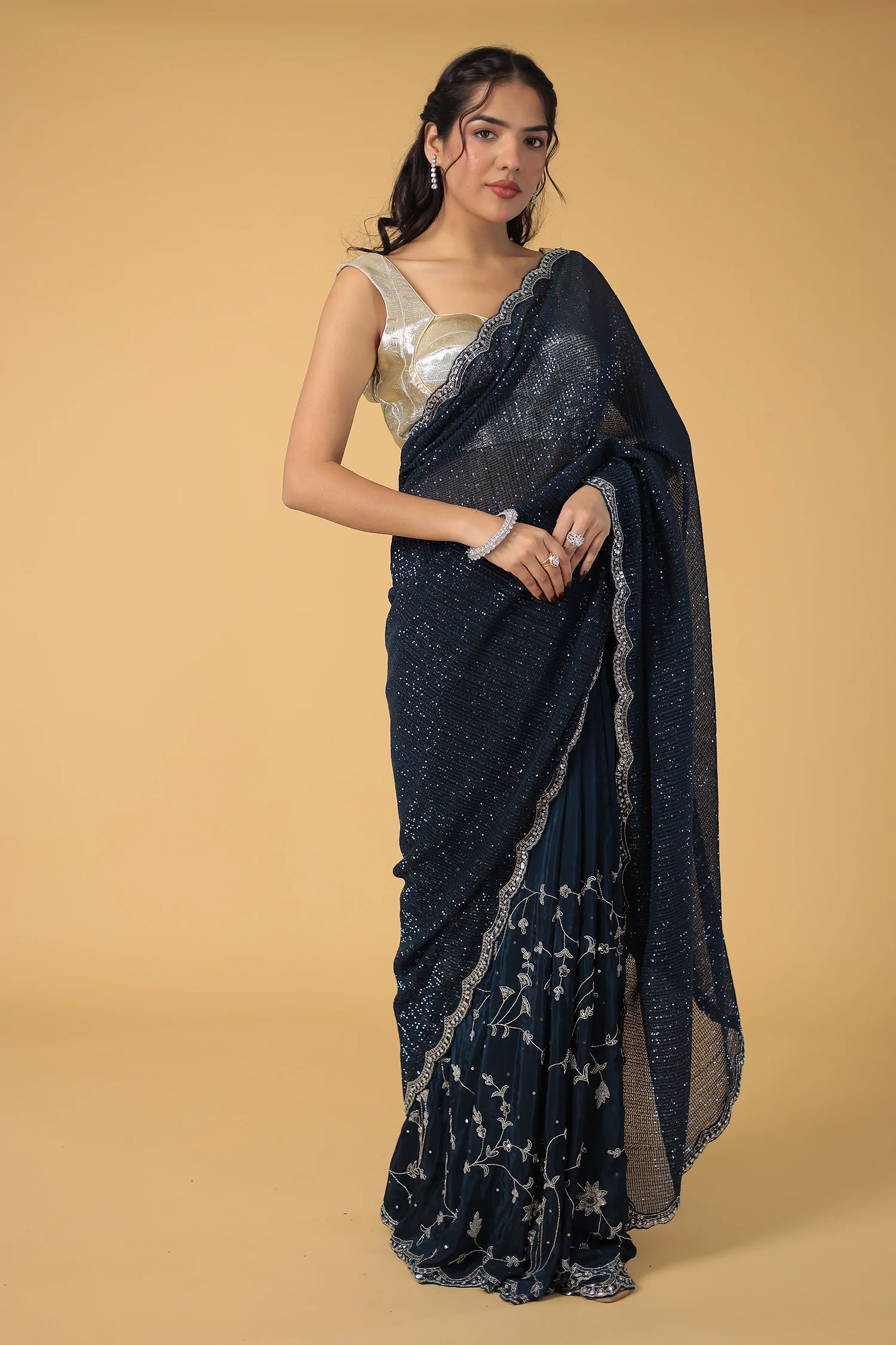 Dark Blue Shimmer Silk Saree with Cutdana and Sequins work - Image 3