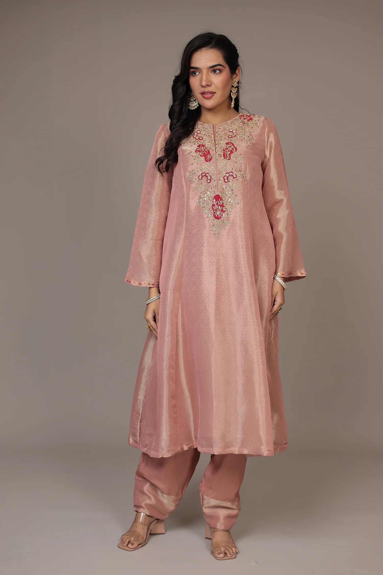 Anarkali Shimmer Tissue Indo Western (2Pc) Suit Embellished with Pearl, Thread and Zardozi work - Image 12