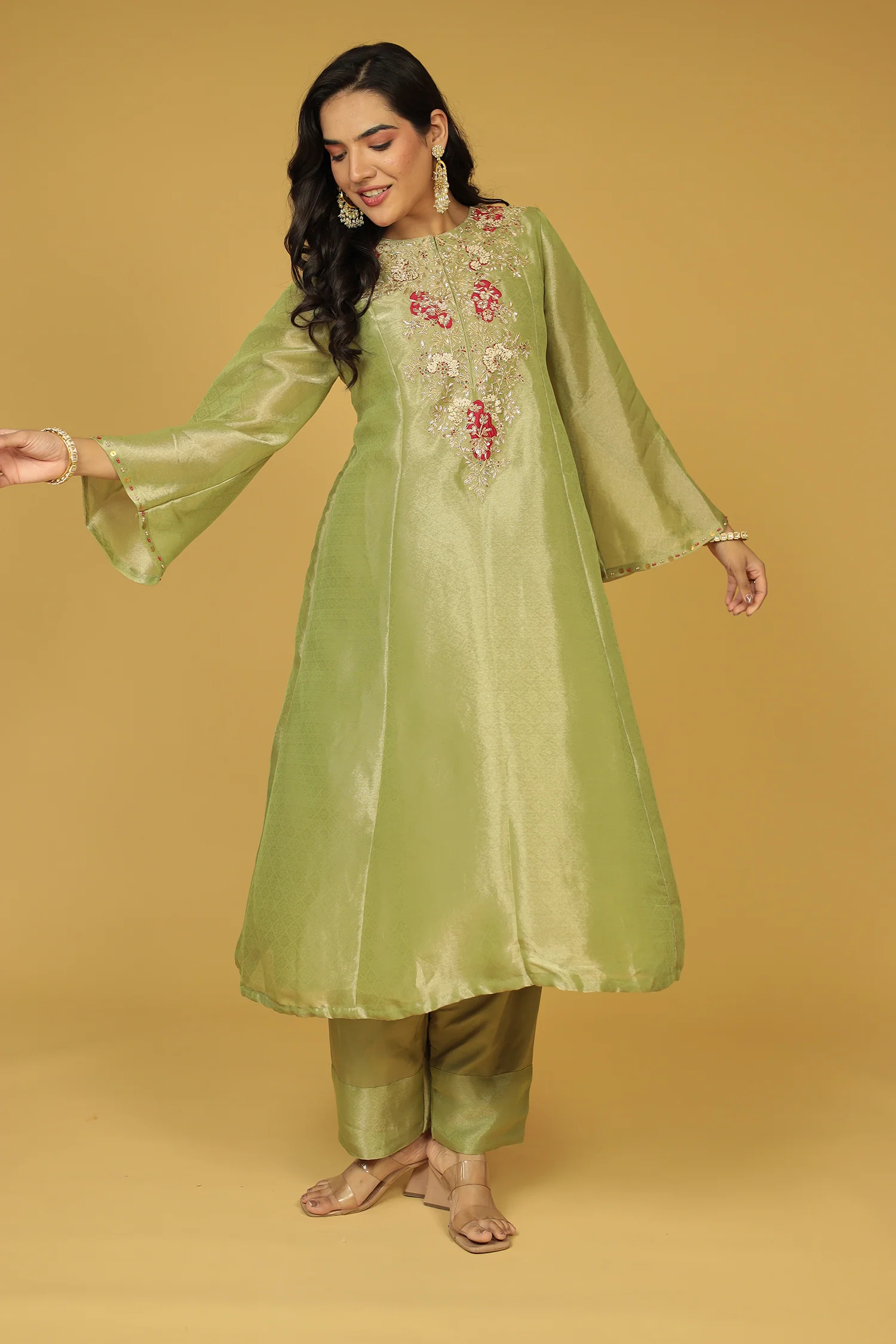 Anarkali Shimmer Tissue Indo Western (2Pc) Suit Embellished with Pearl, Thread and Zardozi work - Image 17