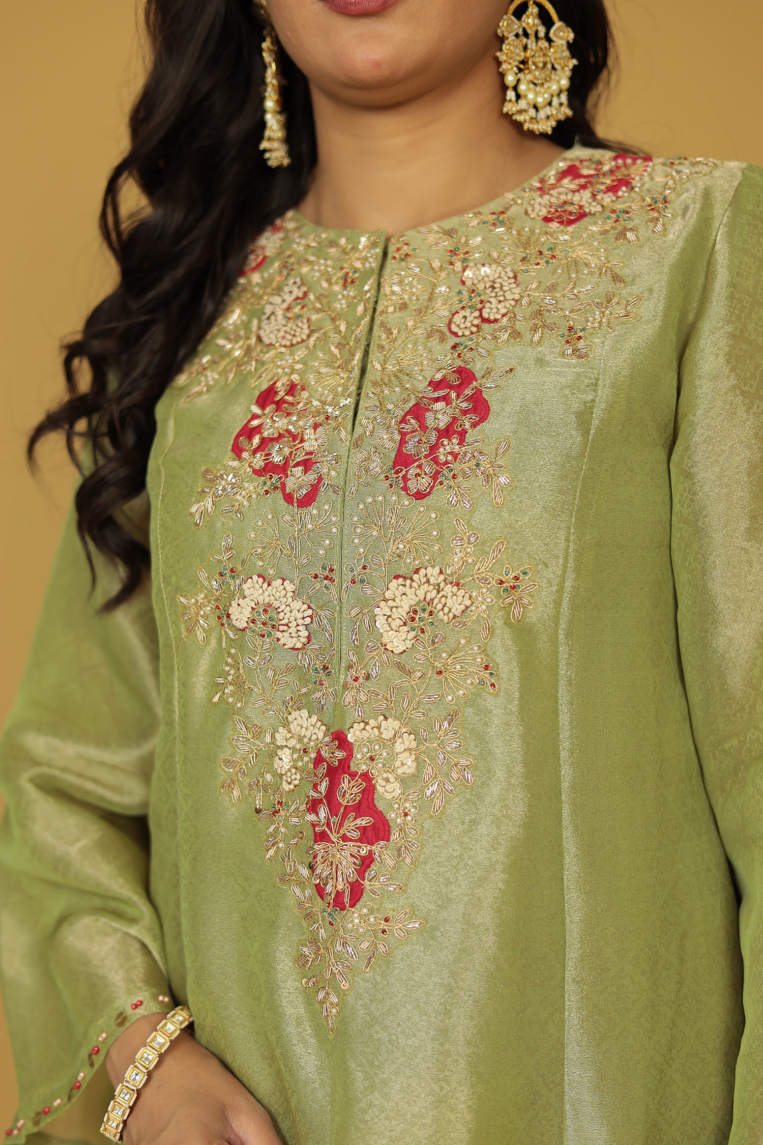Anarkali Shimmer Tissue Indo Western (2Pc) Suit Embellished with Pearl, Thread and Zardozi work - Image 18