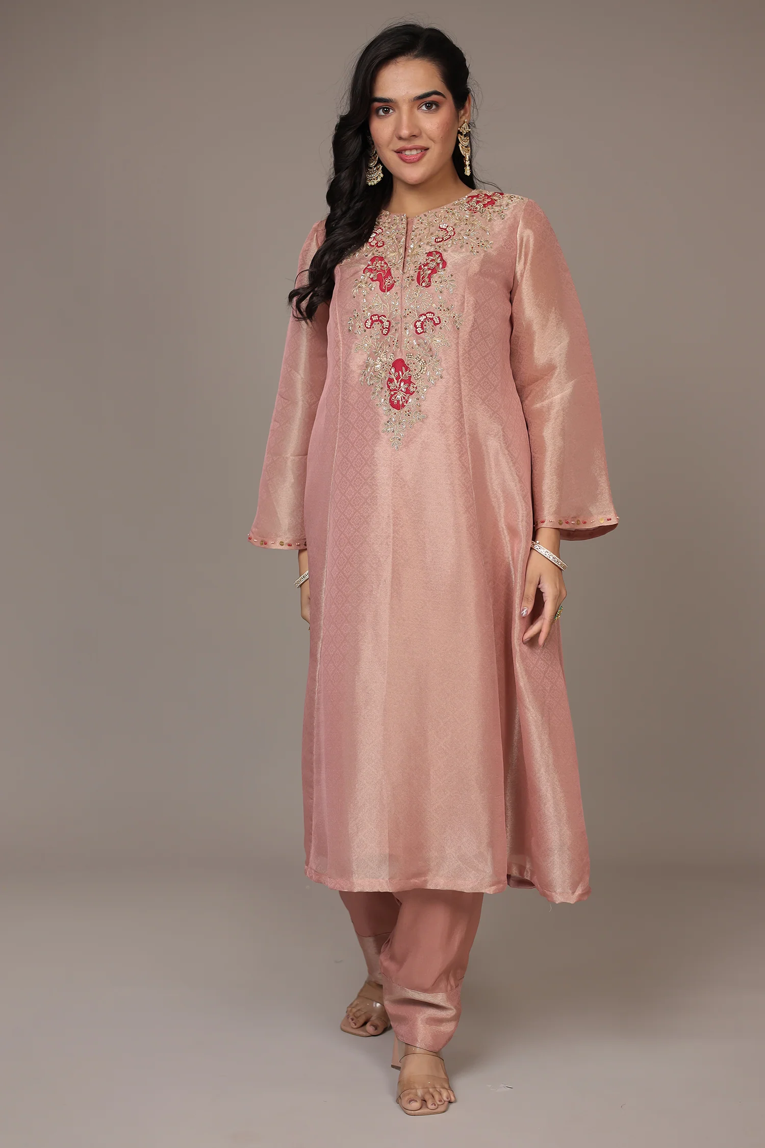 Anarkali Shimmer Tissue Indo Western (2Pc) Suit Embellished with Pearl, Thread and Zardozi work - Image 15