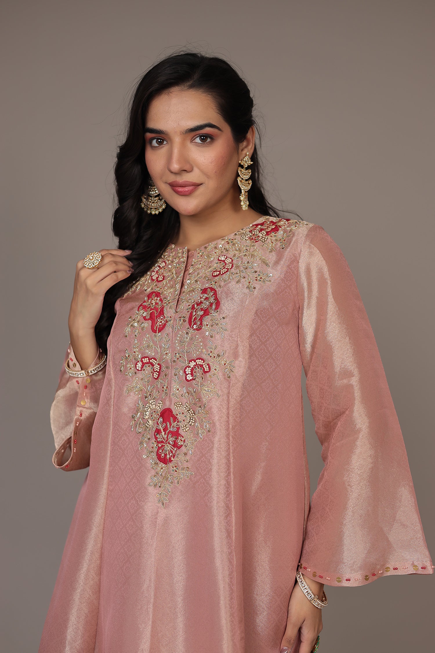 Anarkali Shimmer Tissue Indo Western (2Pc) Suit Embellished with Pearl, Thread and Zardozi work - Image 16
