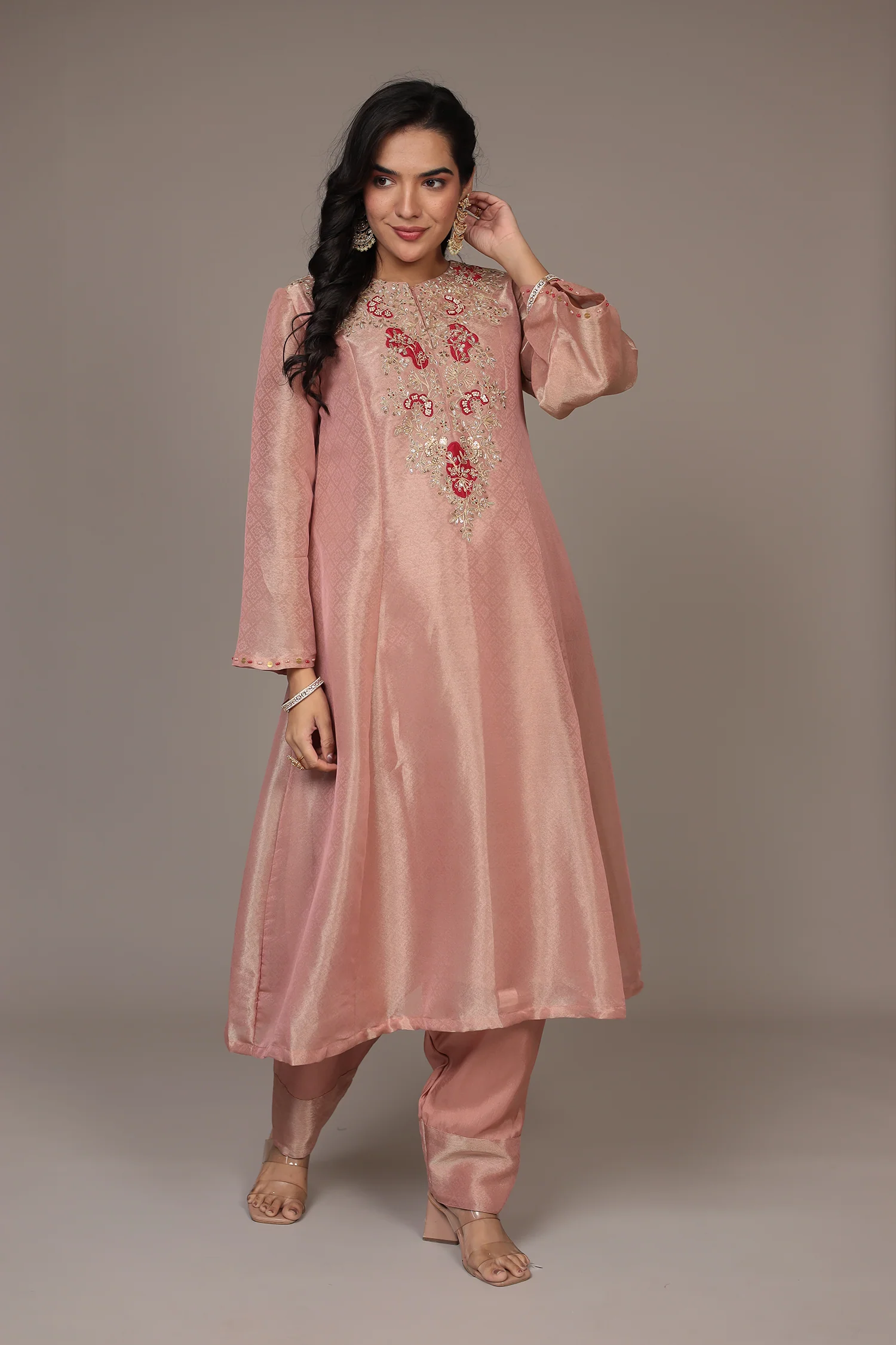Anarkali Shimmer Tissue Indo Western (2Pc) Suit Embellished with Pearl, Thread and Zardozi work - Image 17