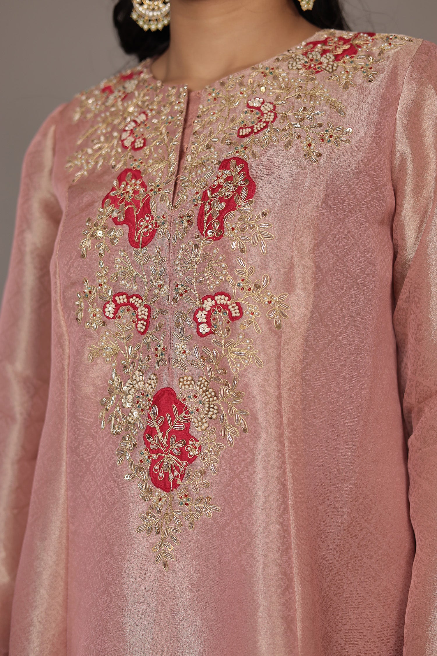 Anarkali Shimmer Tissue Indo Western (2Pc) Suit Embellished with Pearl, Thread and Zardozi work - Image 18