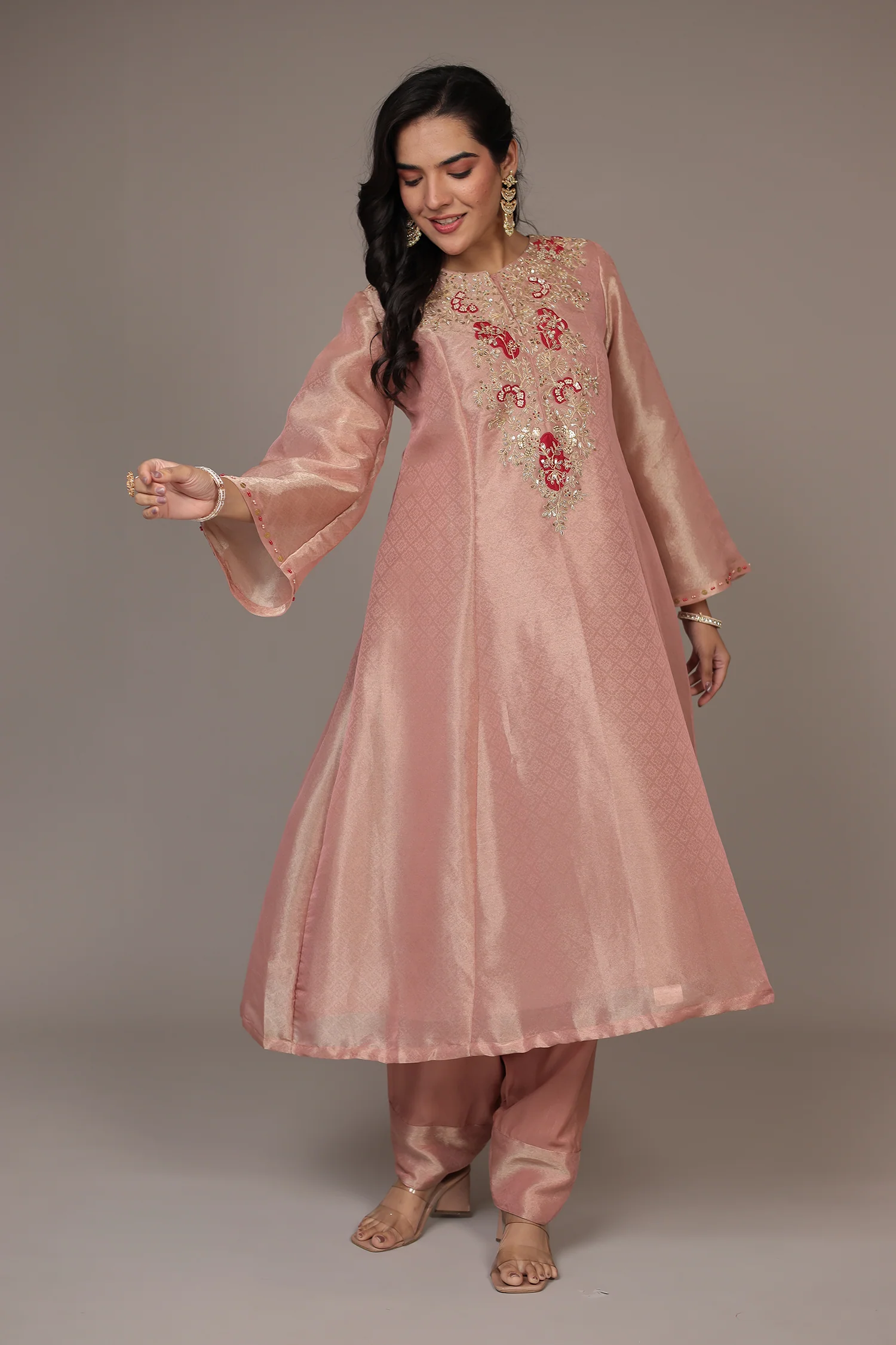 Anarkali Shimmer Tissue Indo Western (2Pc) Suit Embellished with Pearl, Thread and Zardozi work - Image 19