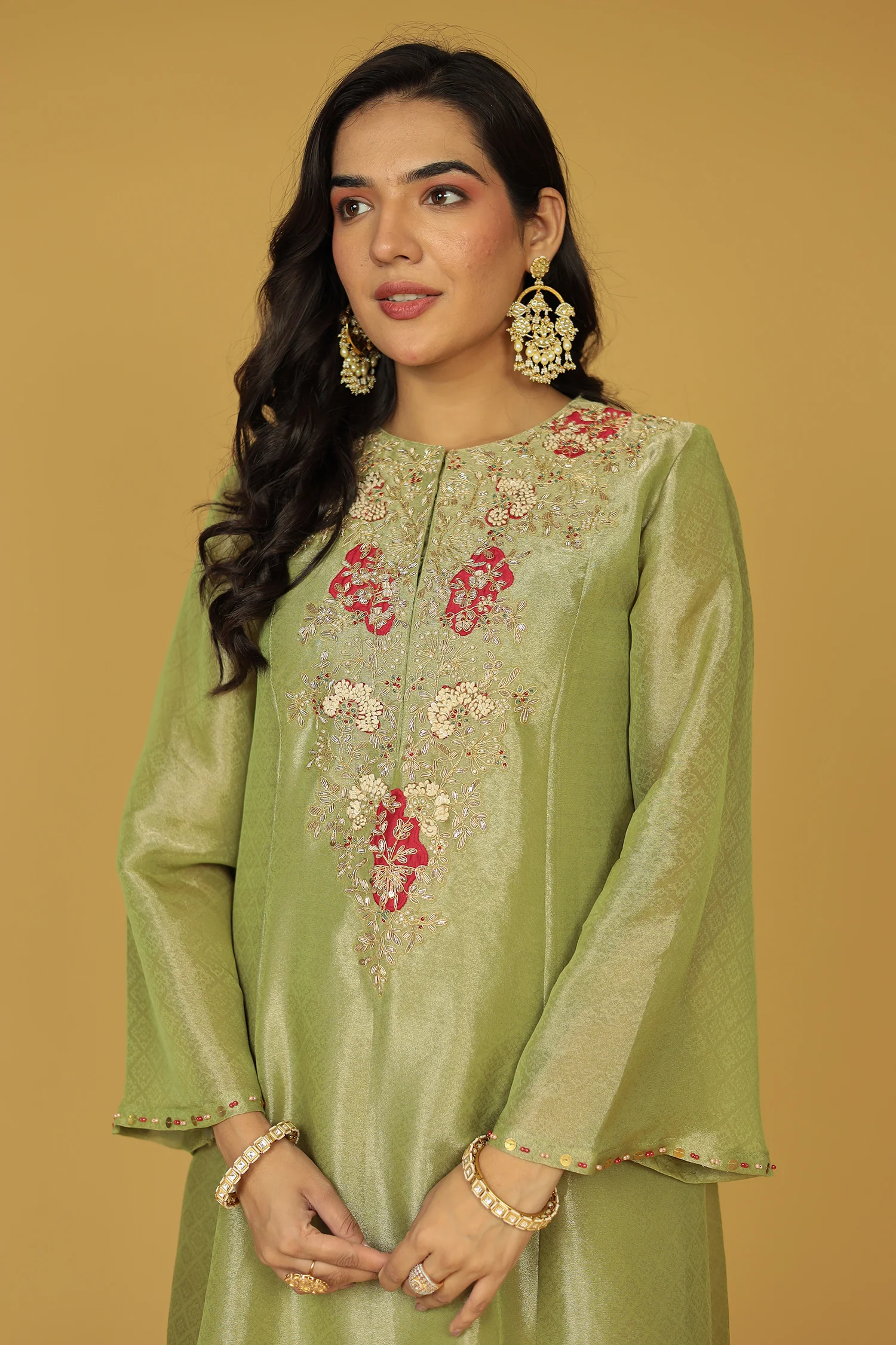 Anarkali Shimmer Tissue Indo Western (2Pc) Suit Embellished with Pearl, Thread and Zardozi work - Image 2