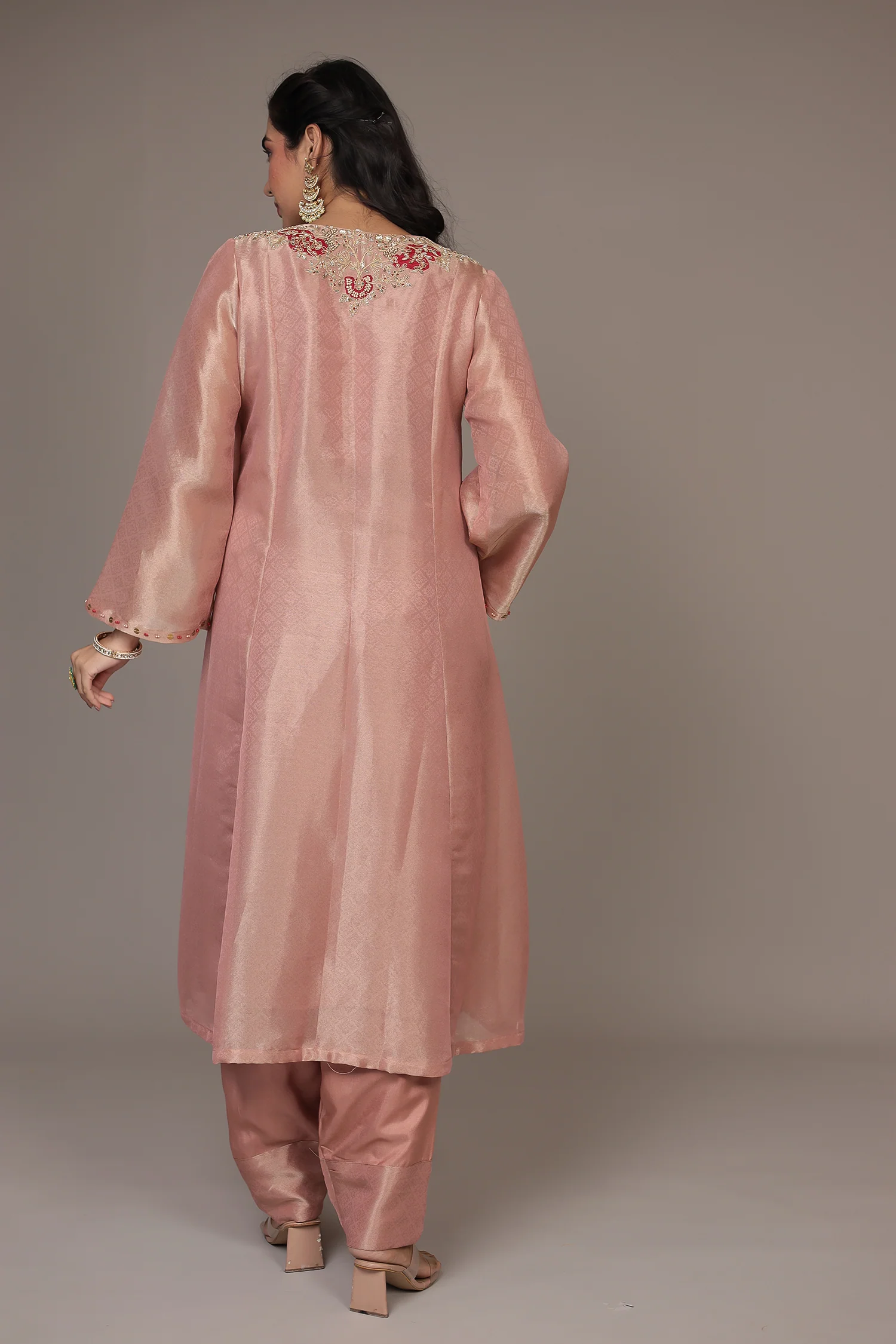 Anarkali Shimmer Tissue Indo Western (2Pc) Suit Embellished with Pearl, Thread and Zardozi work - Image 21