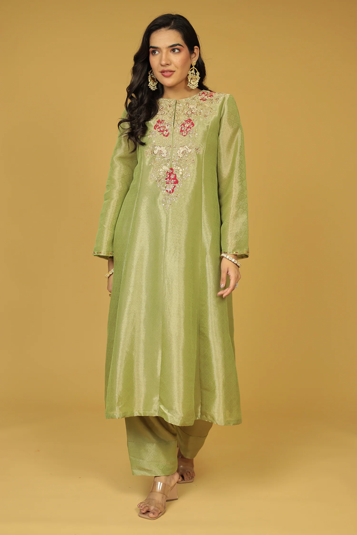 Anarkali Shimmer Tissue Indo Western (2Pc) Suit Embellished with Pearl, Thread and Zardozi work - Image 5