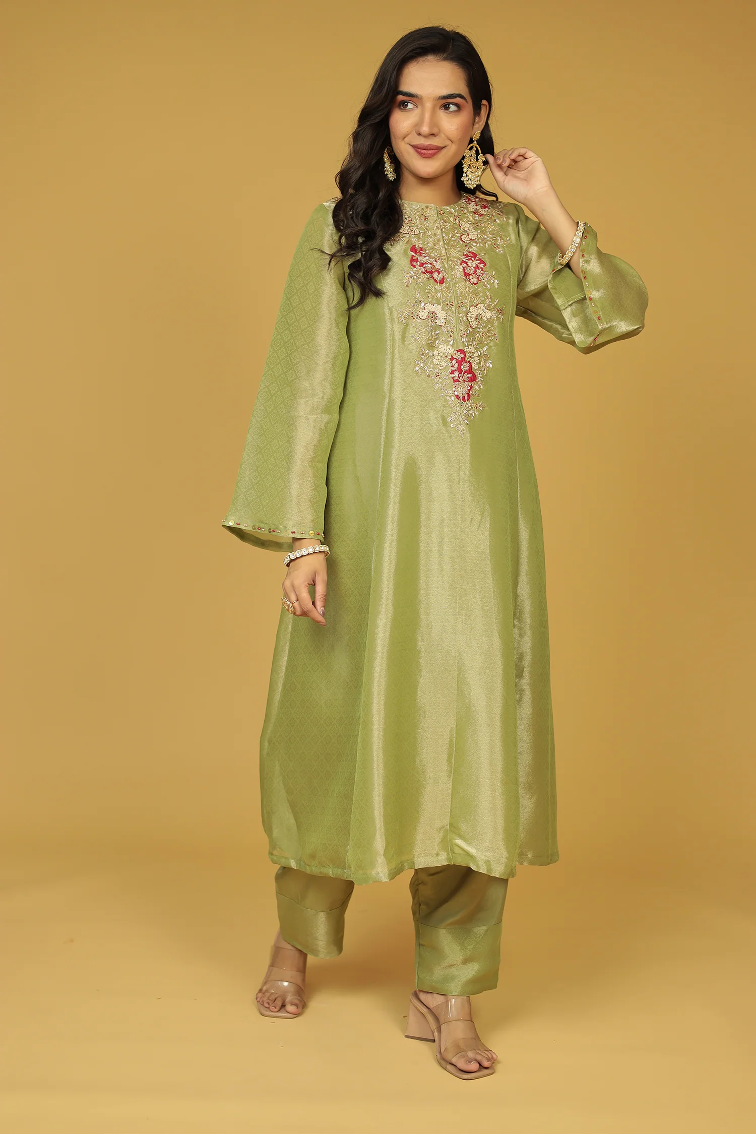 Anarkali Shimmer Tissue Indo Western (2Pc) Suit Embellished with Pearl, Thread and Zardozi work - Image 10