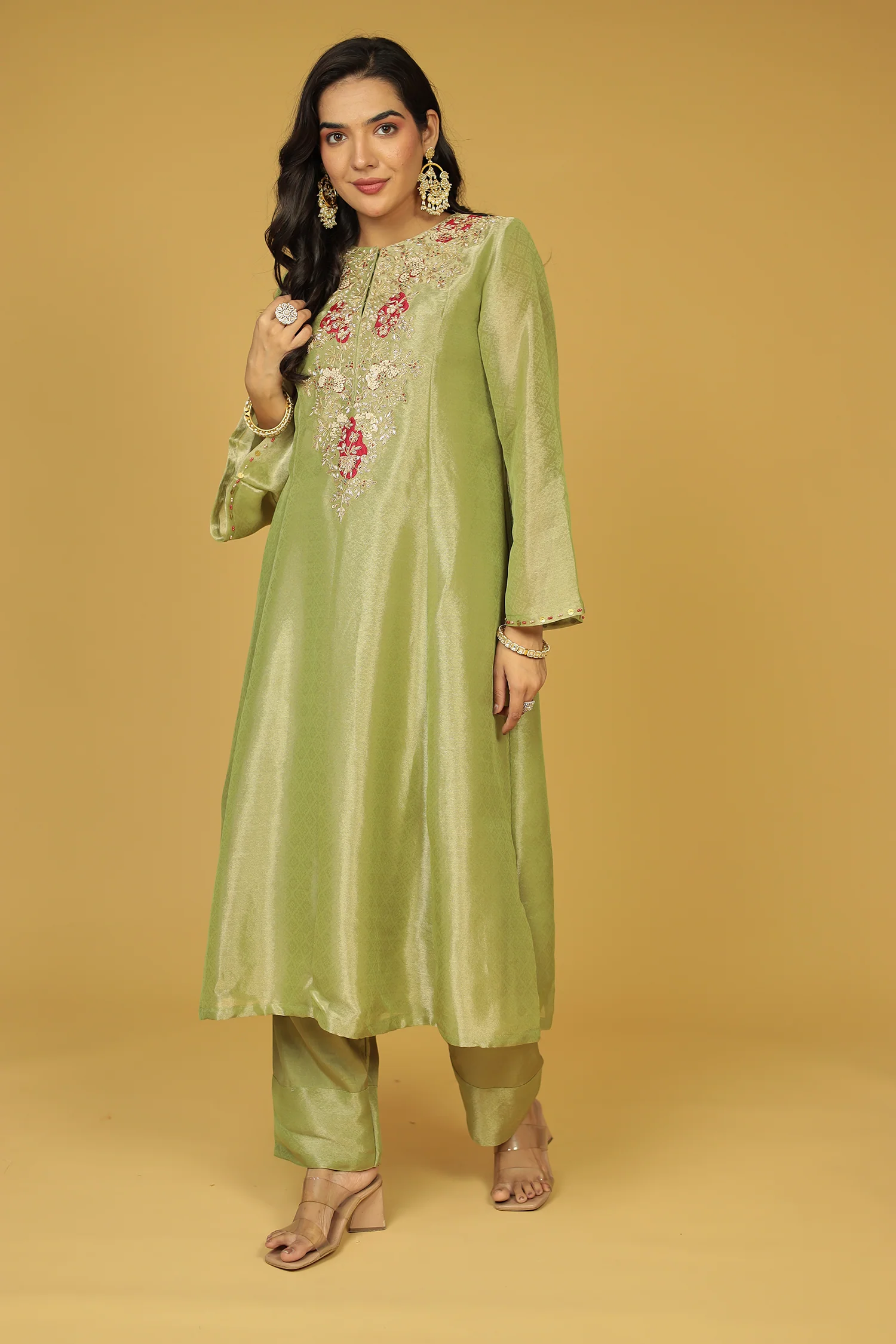 Anarkali Shimmer Tissue Indo Western (2Pc) Suit Embellished with Pearl, Thread and Zardozi work - Image 12