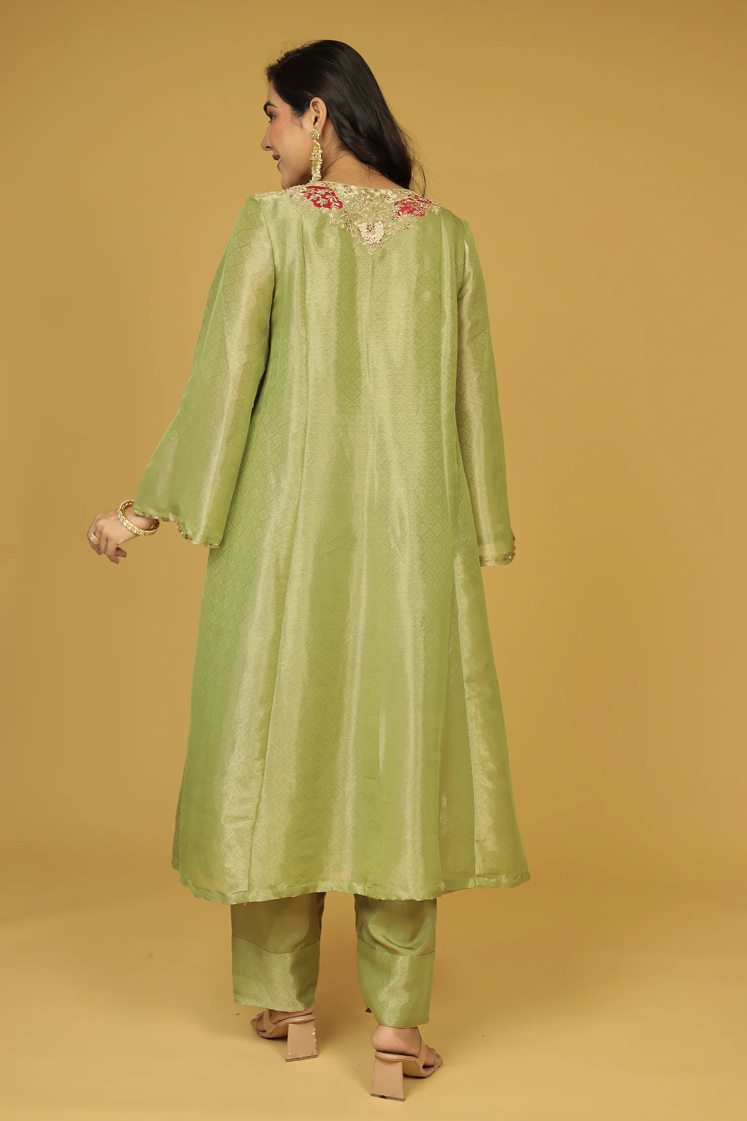 Anarkali Shimmer Tissue Indo Western (2Pc) Suit Embellished with Pearl, Thread and Zardozi work - Image 14