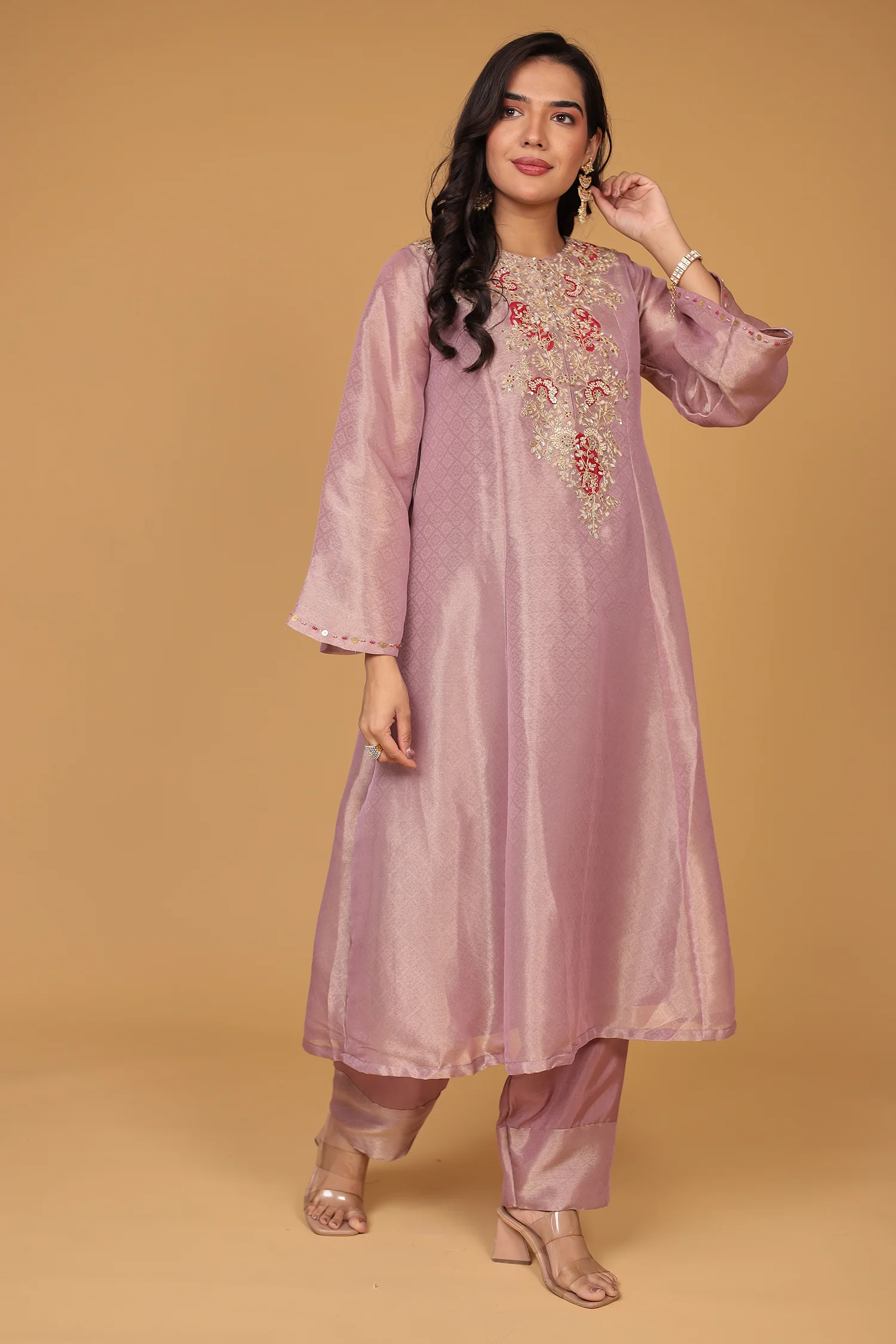 Anarkali Shimmer Tissue Indo Western (2Pc) Suit Embellished with Pearl, Thread and Zardozi work - Image 15
