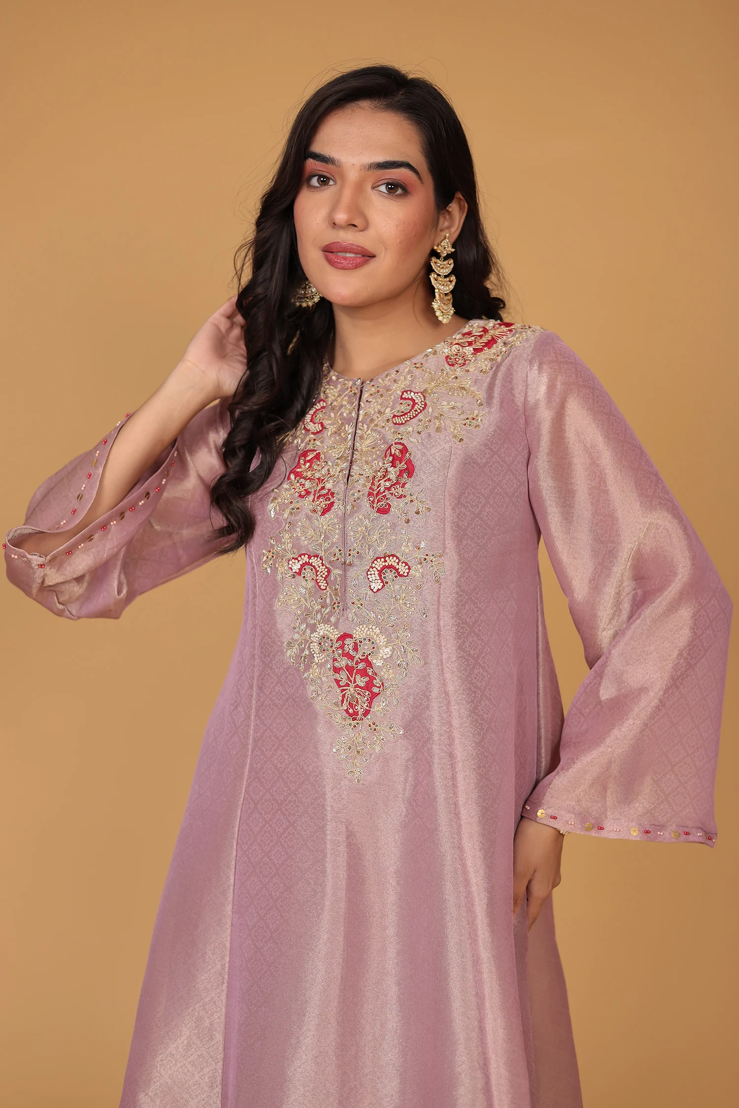Anarkali Shimmer Tissue Indo Western (2Pc) Suit Embellished with Pearl, Thread and Zardozi work - Image 16