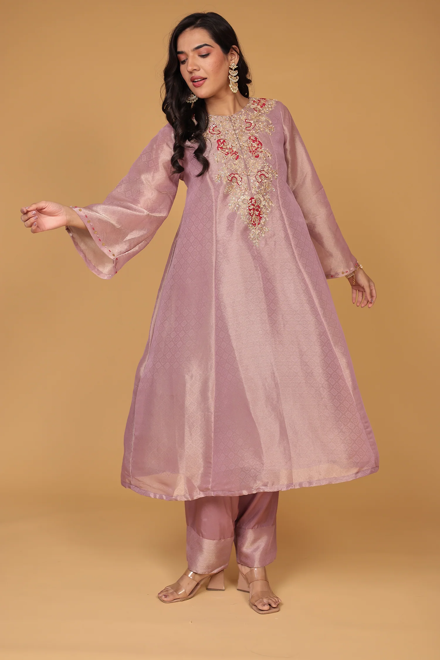 Anarkali Shimmer Tissue Indo Western (2Pc) Suit Embellished with Pearl, Thread and Zardozi work - Image 17
