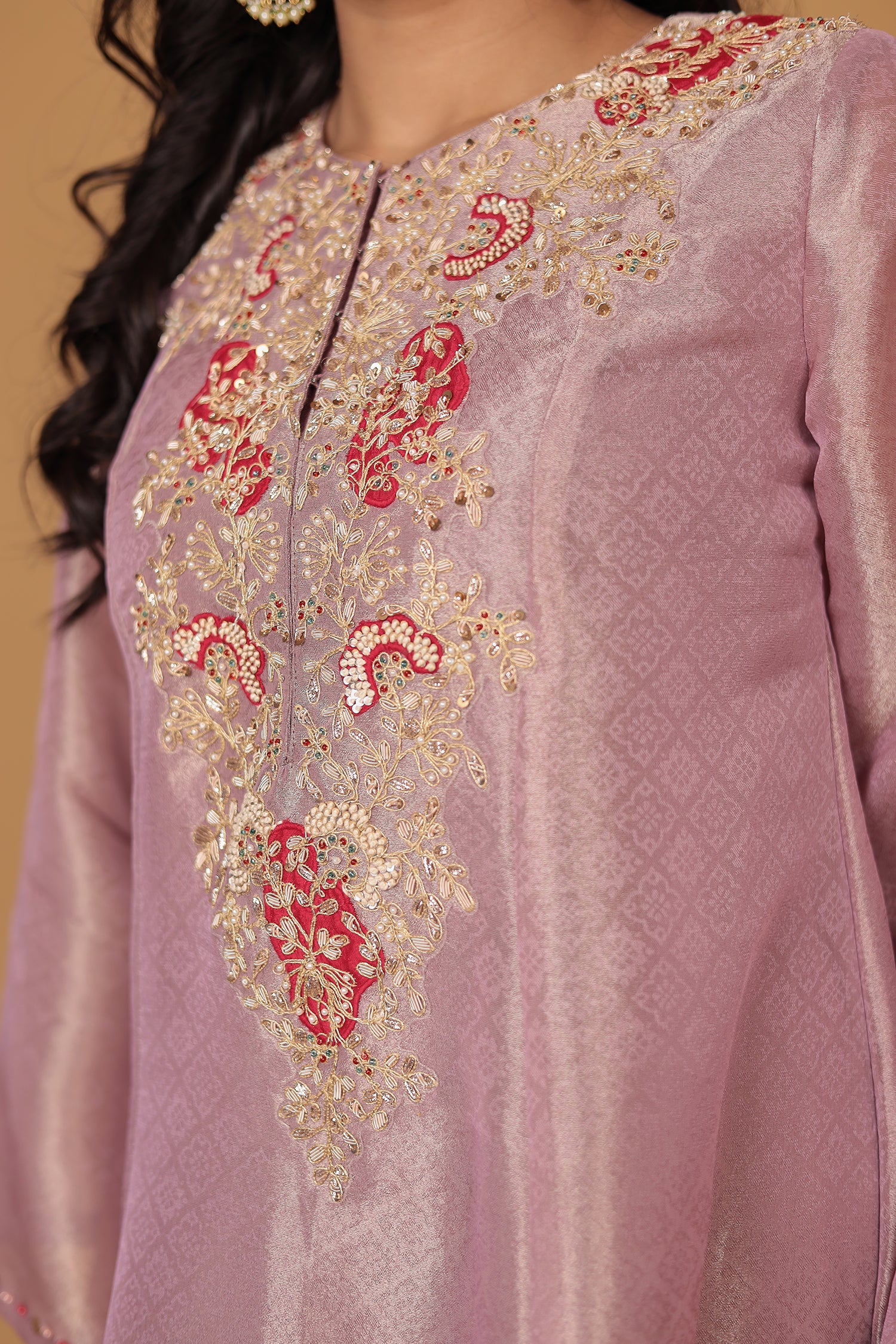 Anarkali Shimmer Tissue Indo Western (2Pc) Suit Embellished with Pearl, Thread and Zardozi work - Image 18