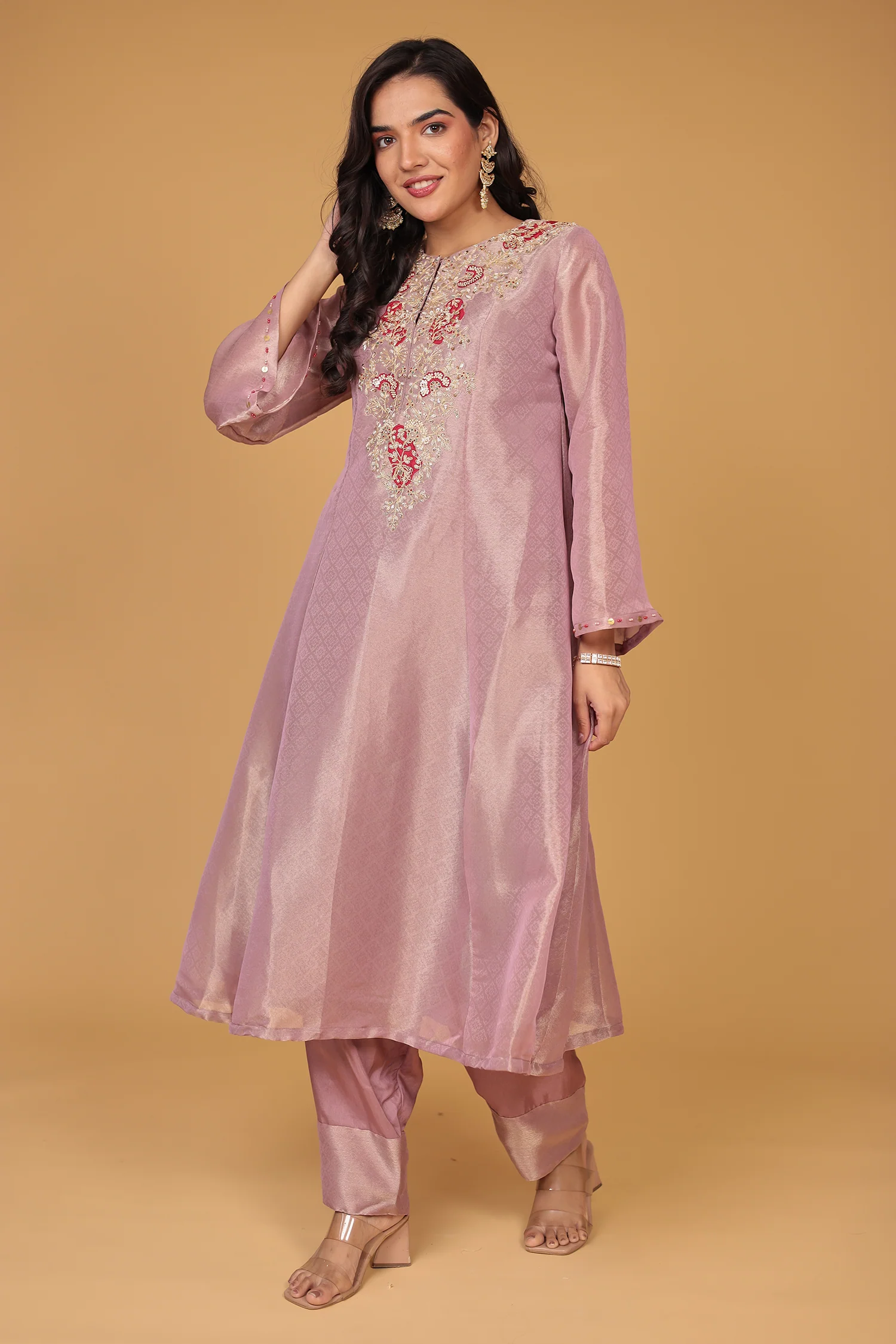 Anarkali Shimmer Tissue Indo Western (2Pc) Suit Embellished with Pearl, Thread and Zardozi work - Image 19