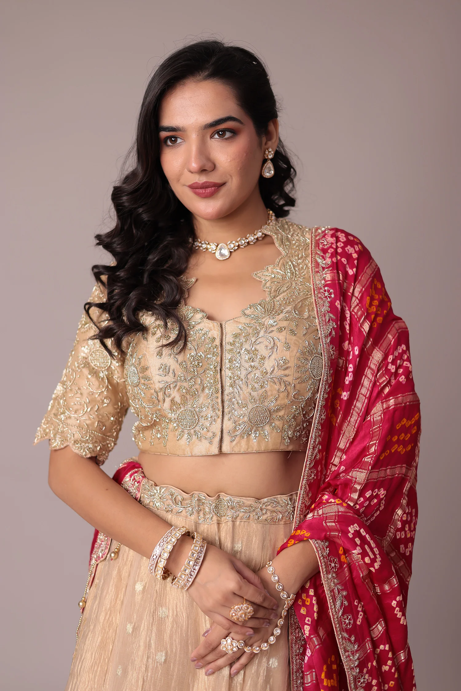 Handloom Bandhej Shimmer Tissue Lehenga with Sequins and Zardozi work - Image 2