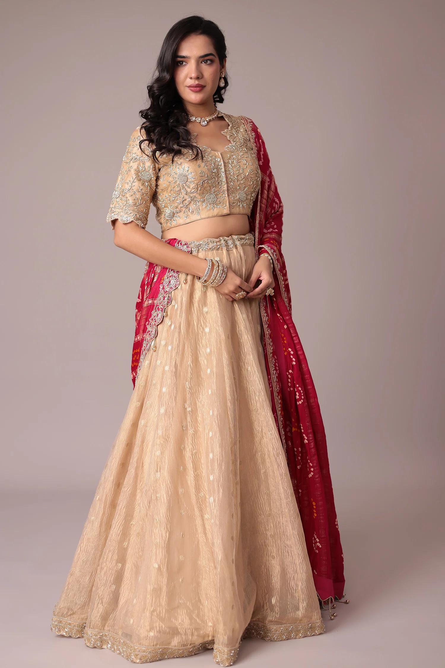 Handloom Bandhej Shimmer Tissue Lehenga with Sequins and Zardozi work - Image 3