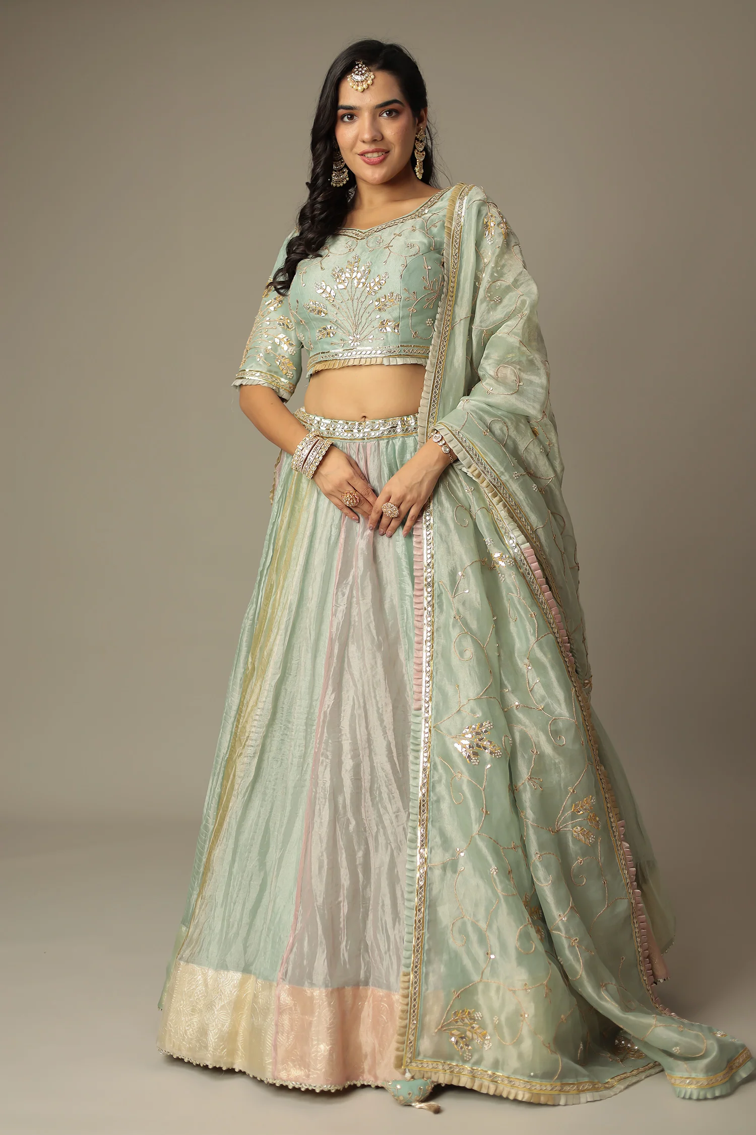 Pastel Multicolor Shimmer Tissue Lehenga with Dori, Gota Patti and Pearl work - Image 2