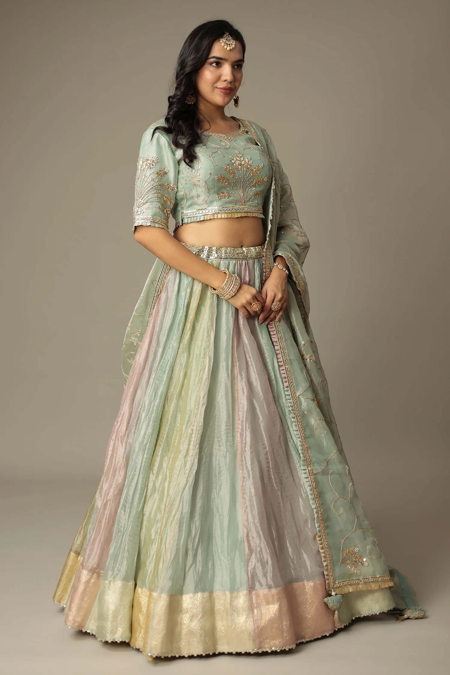 Pastel Multicolor Shimmer Tissue Lehenga with Dori, Gota Patti and Pearl work - Image 4