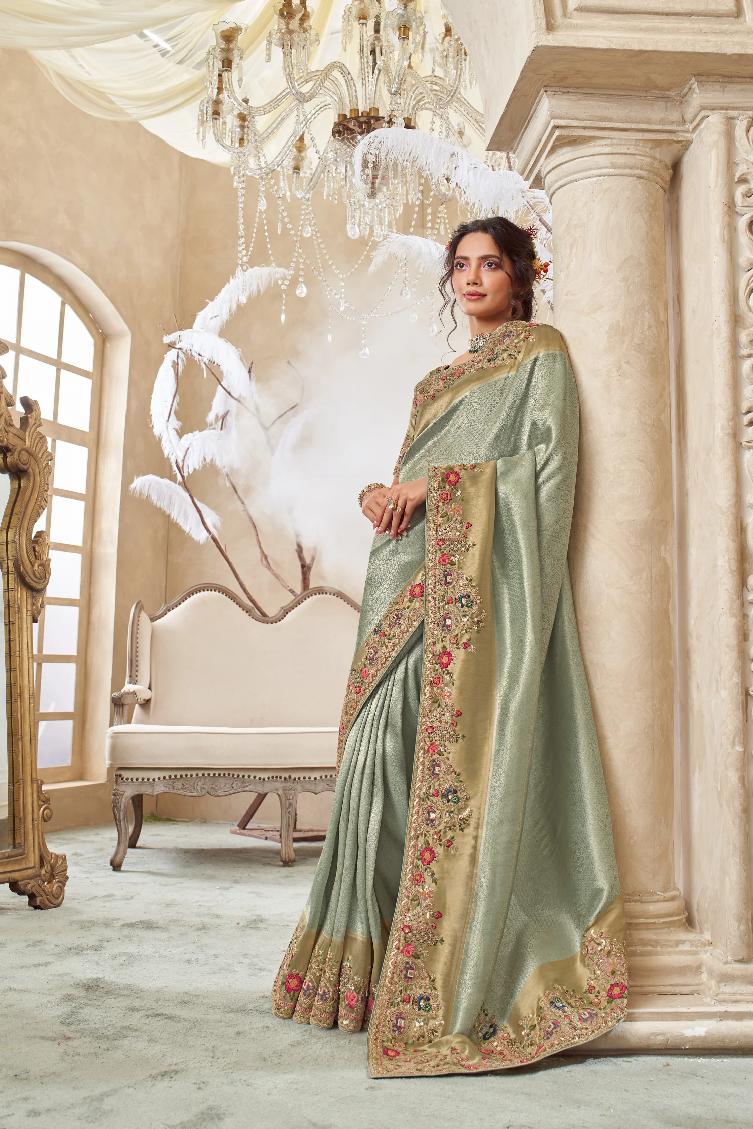 Shimmer Tissue Silk Saree with Zardosi And Thread Work