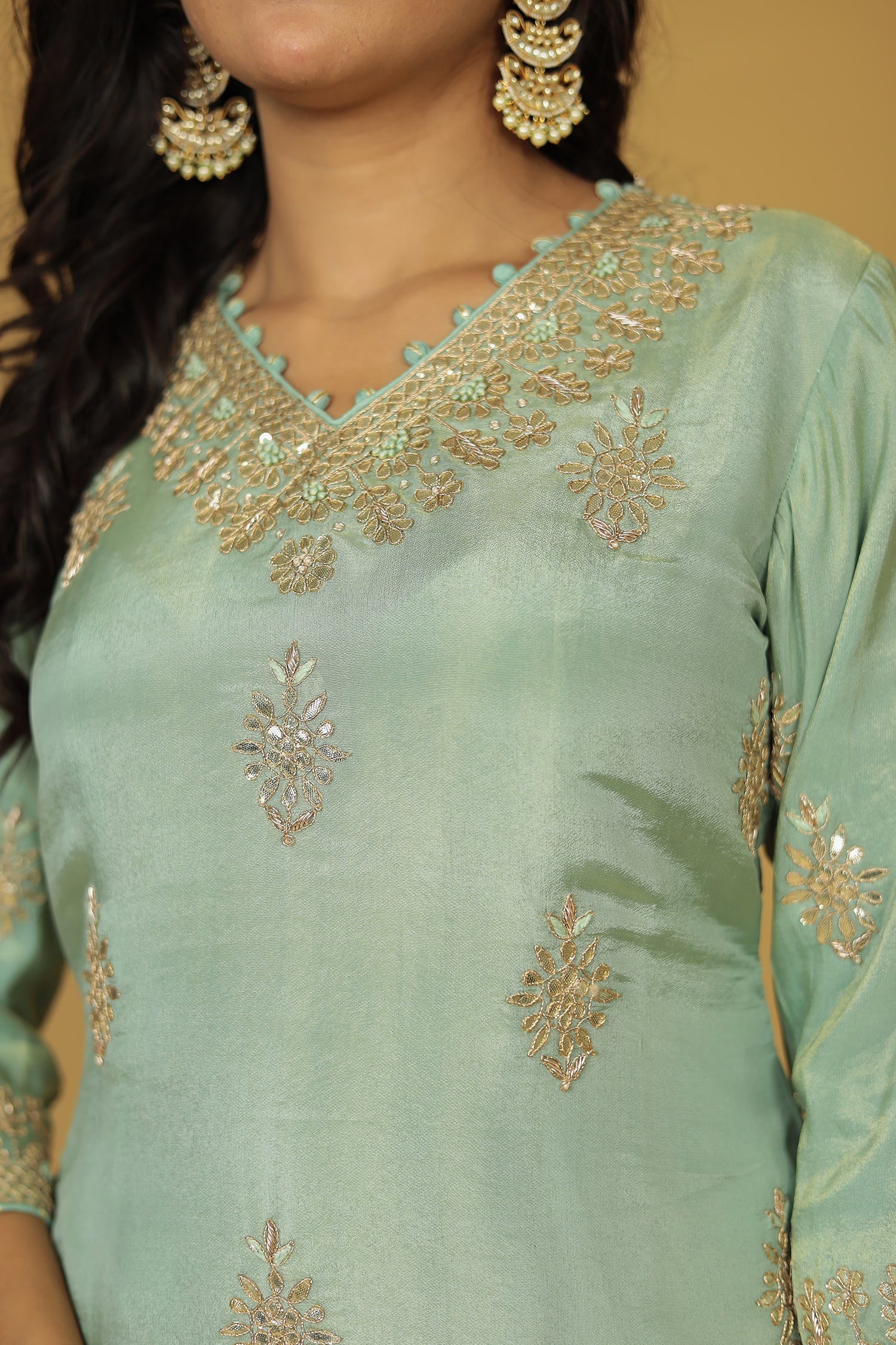 Festive Shimmer Tissue Suit with Aari, Gota Patti and Thread work - Image 4