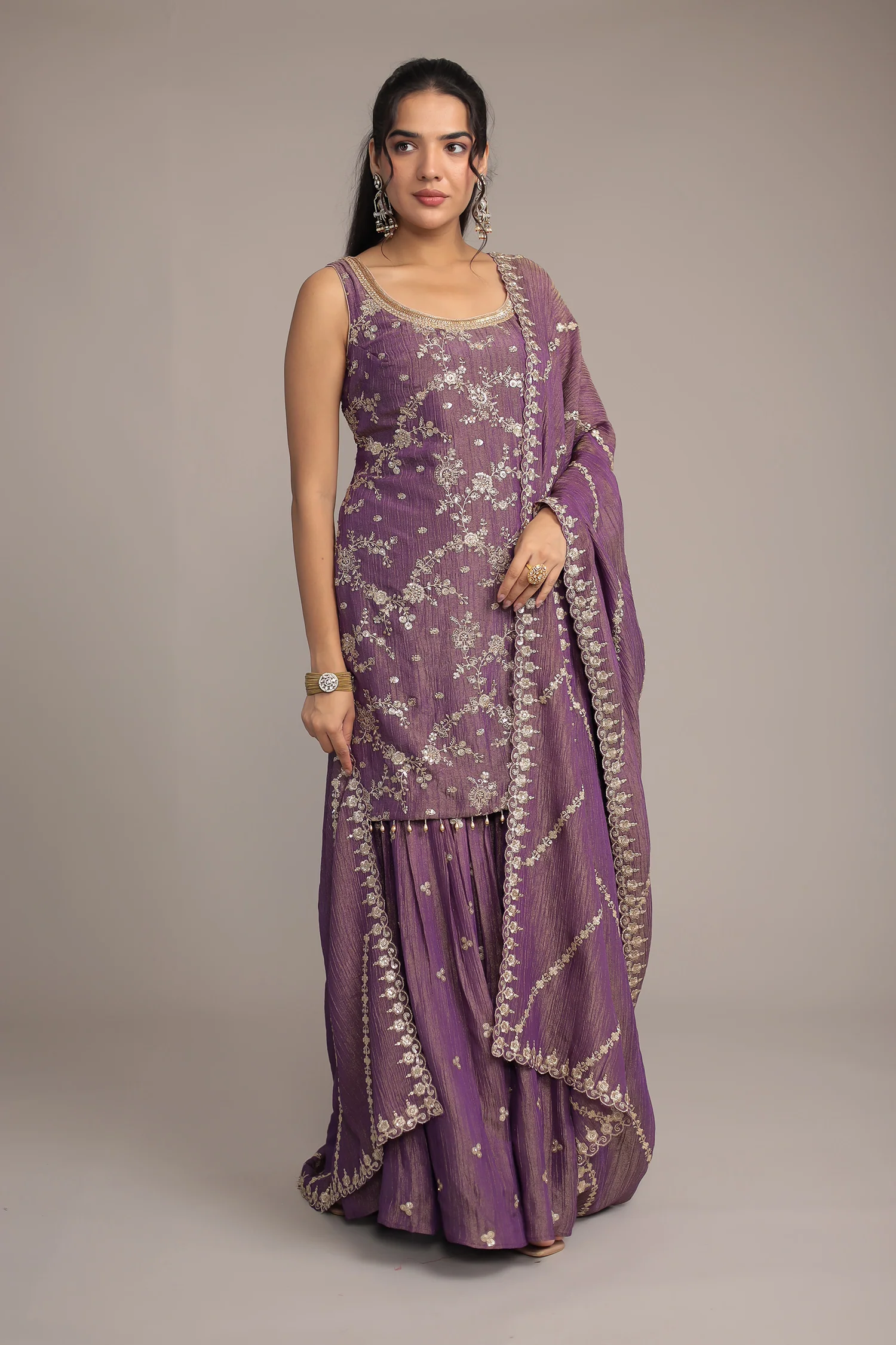 Purple Shimmer Tissue Suit Detailed with Aari and Sequins work - Image 2