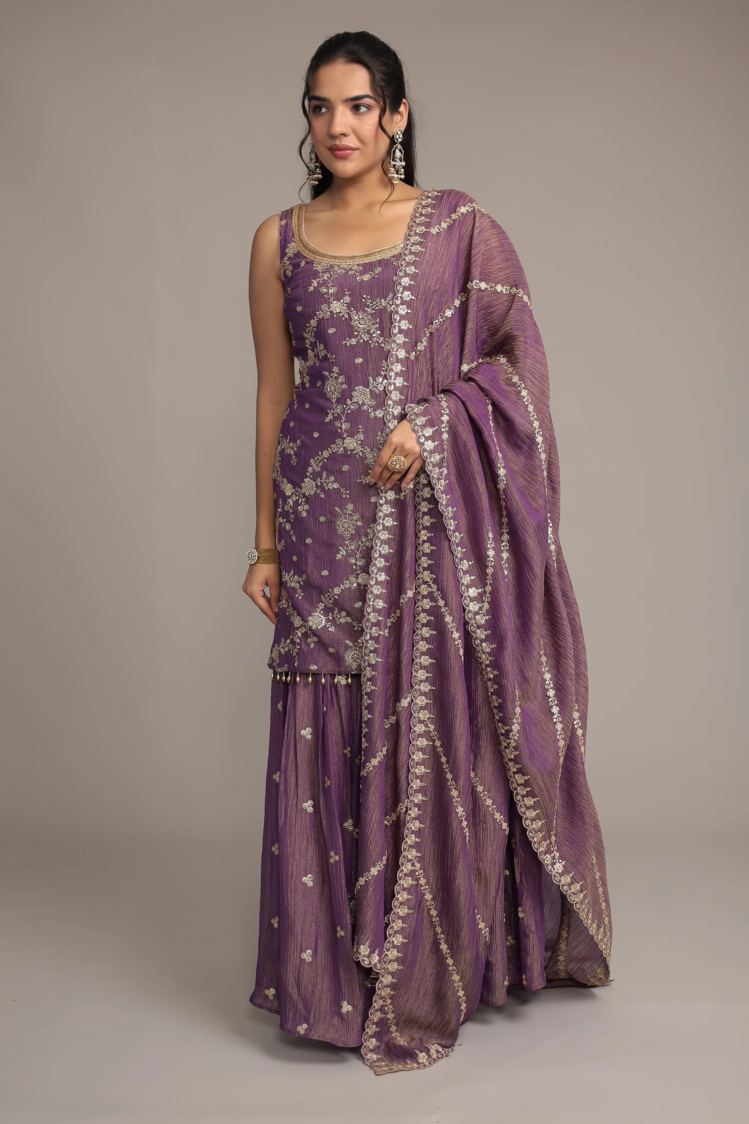 Purple Shimmer Tissue Suit Detailed with Aari and Sequins work - Image 5