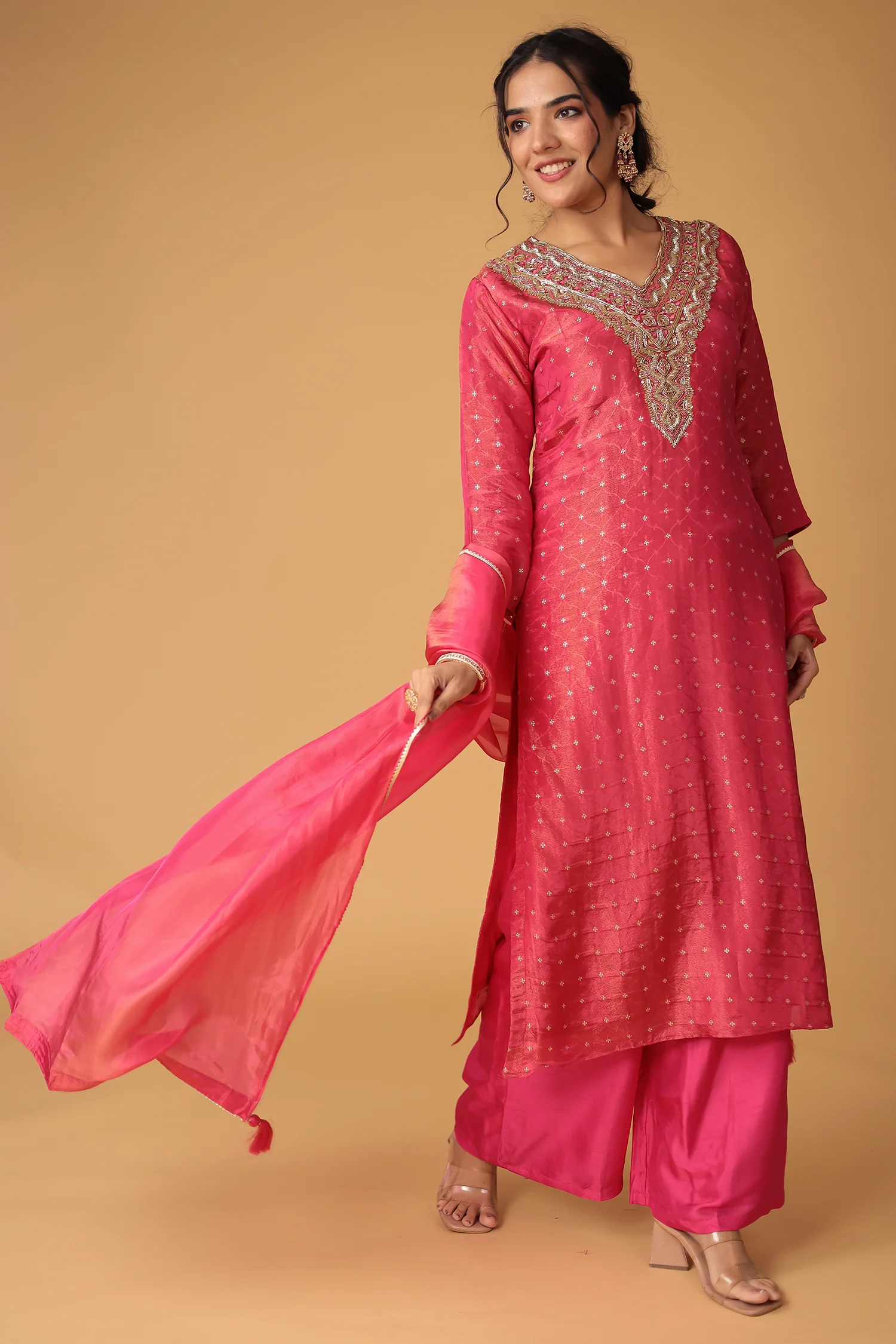 Handwoven Shimmer Tissue Suit with Mirror and Thread work - Image 3