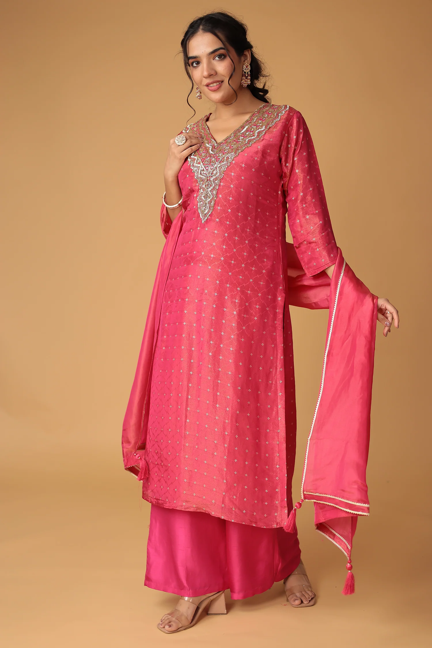 Handwoven Shimmer Tissue Suit with Mirror and Thread work - Image 5
