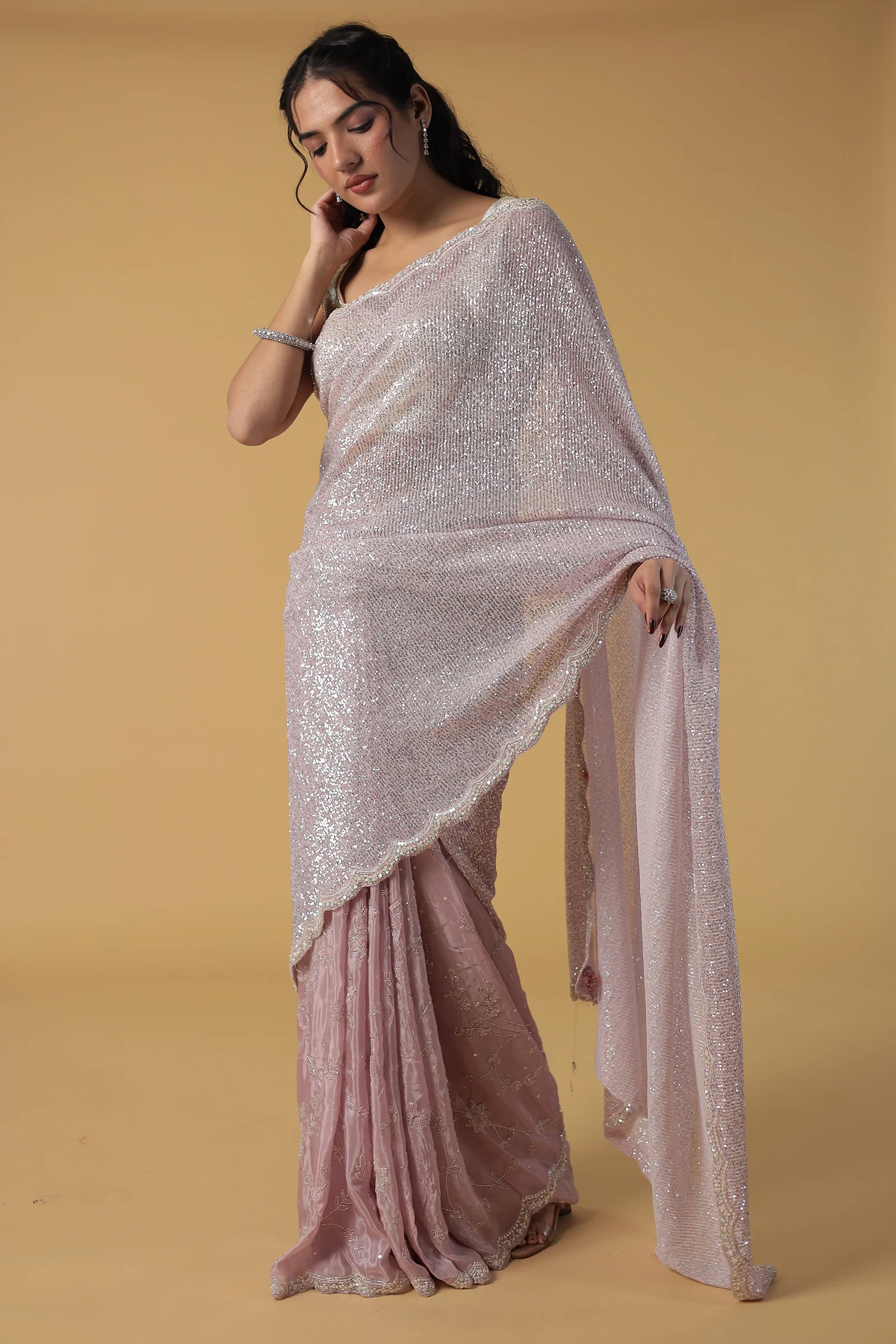 Brown Shimmer Silk Saree with Cutdana and Sequins work - Image 19
