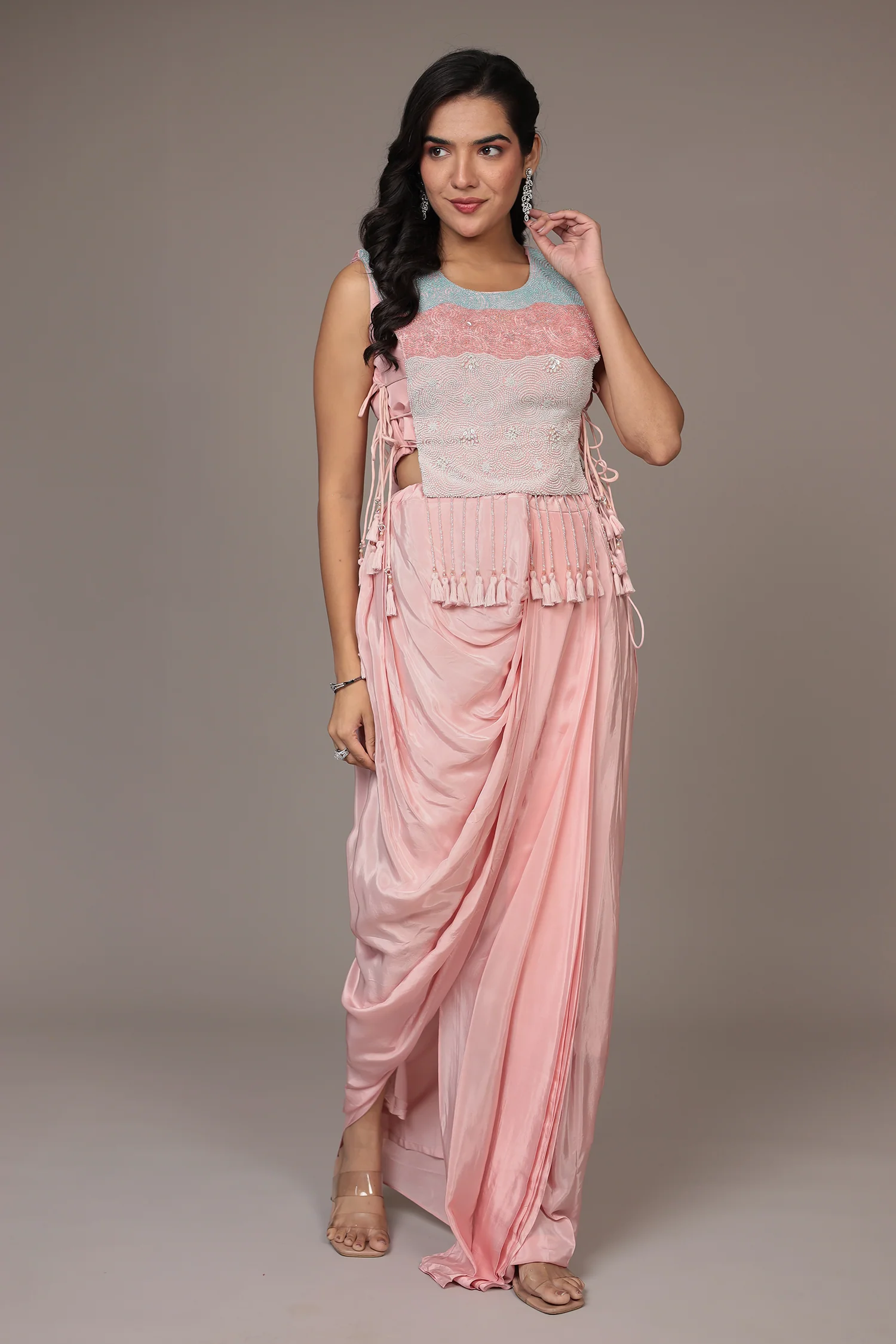 Embellished Silk Indo Western (3Pc) with Drape Skirt - Image 4