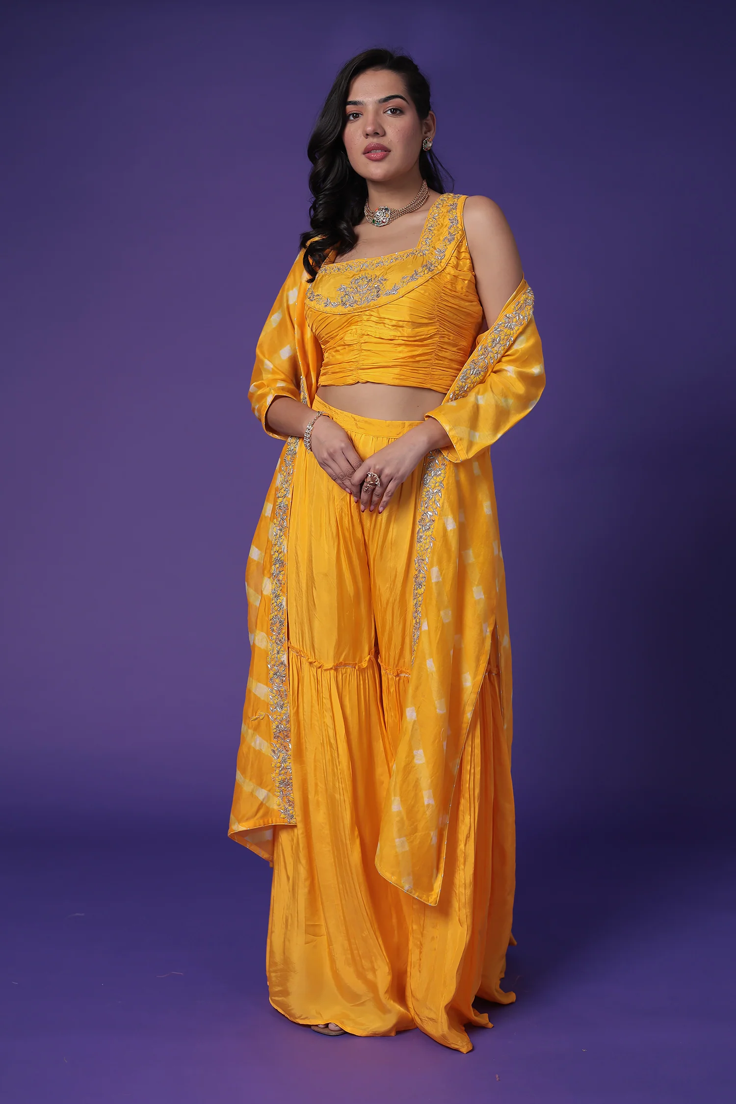 Leheriya Jacket Style Chanderi Indo Western with Embroidered Blouse - Image 6