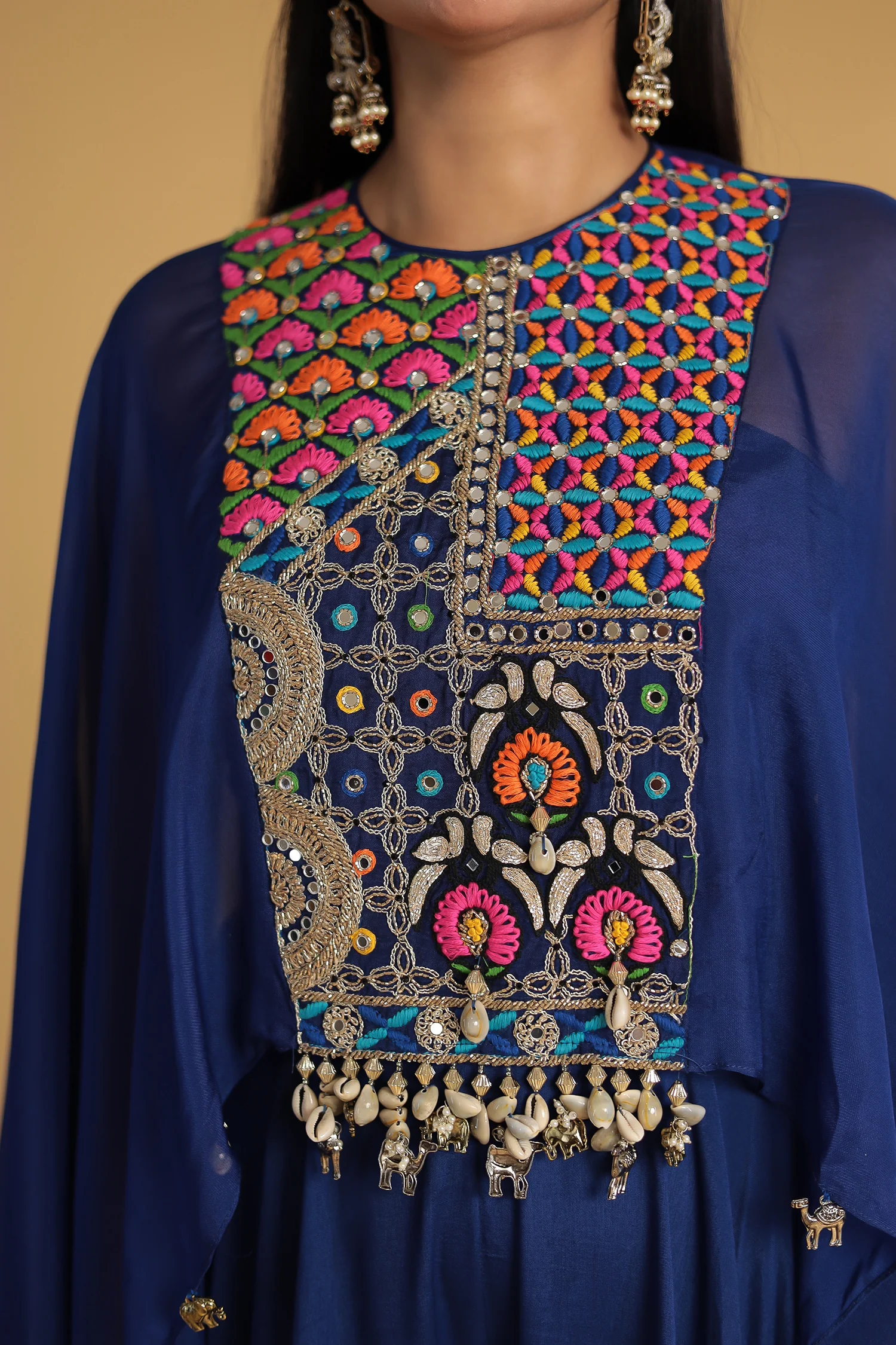 Flared Sleeve Silk Indowestern with Mirror and Thread work - Image 4