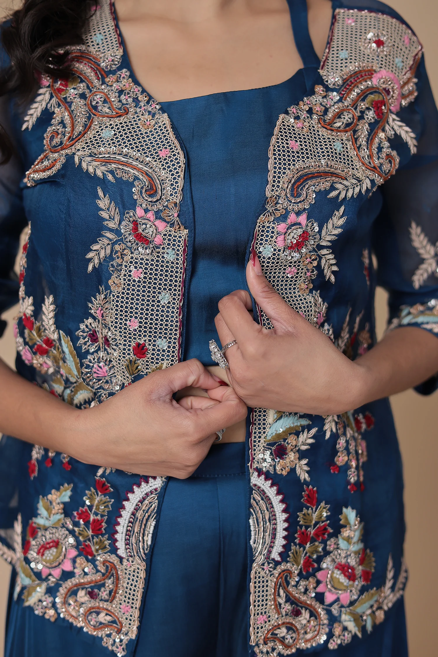 Jacket Style Silk Indowestern with Pearl, Thread and Zardozi work Jacket - Image 4