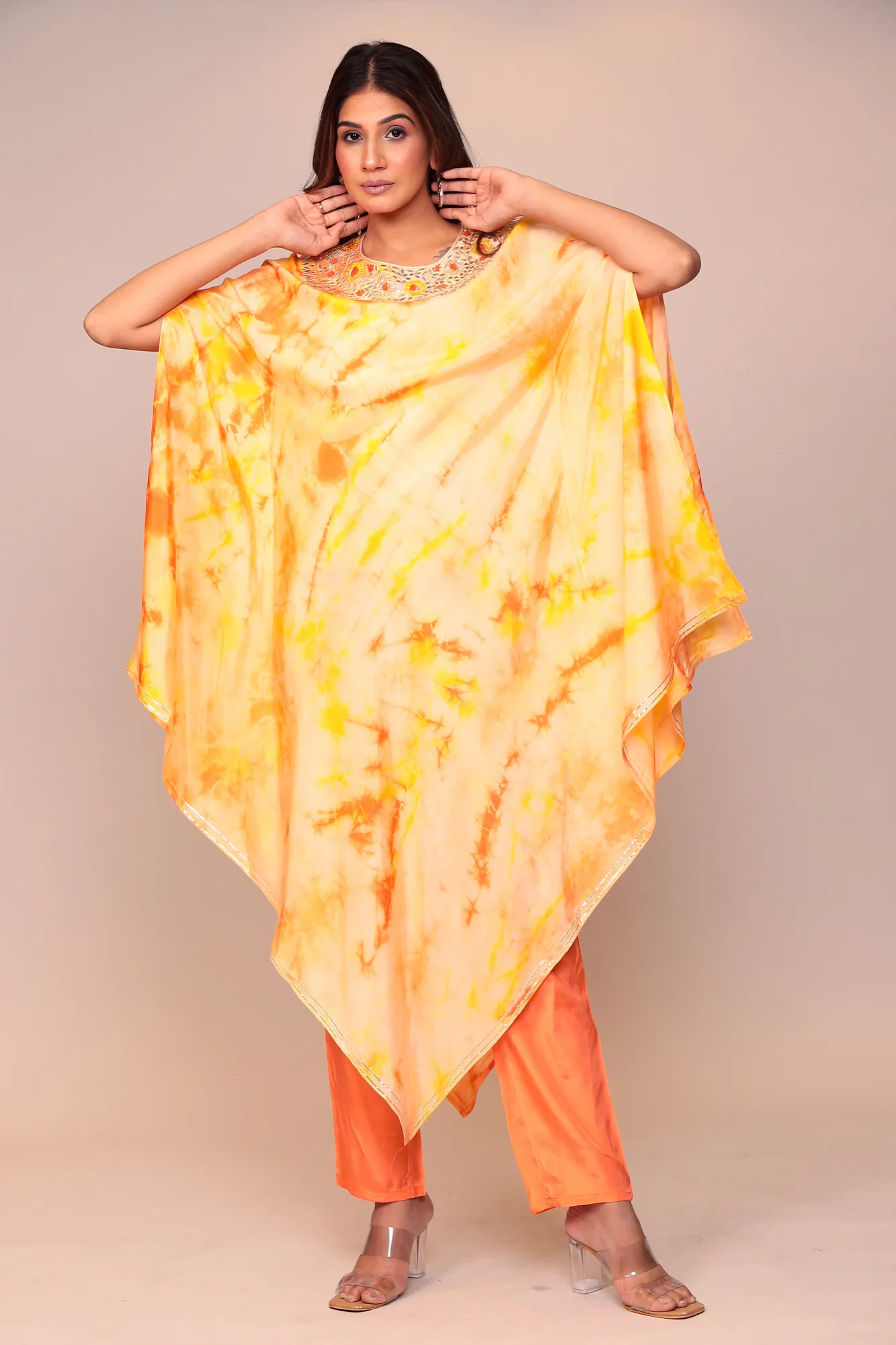 Tie & Dye Silk Kaftan (2Pcs) with Gota Patti and Thread Work. - Image 7