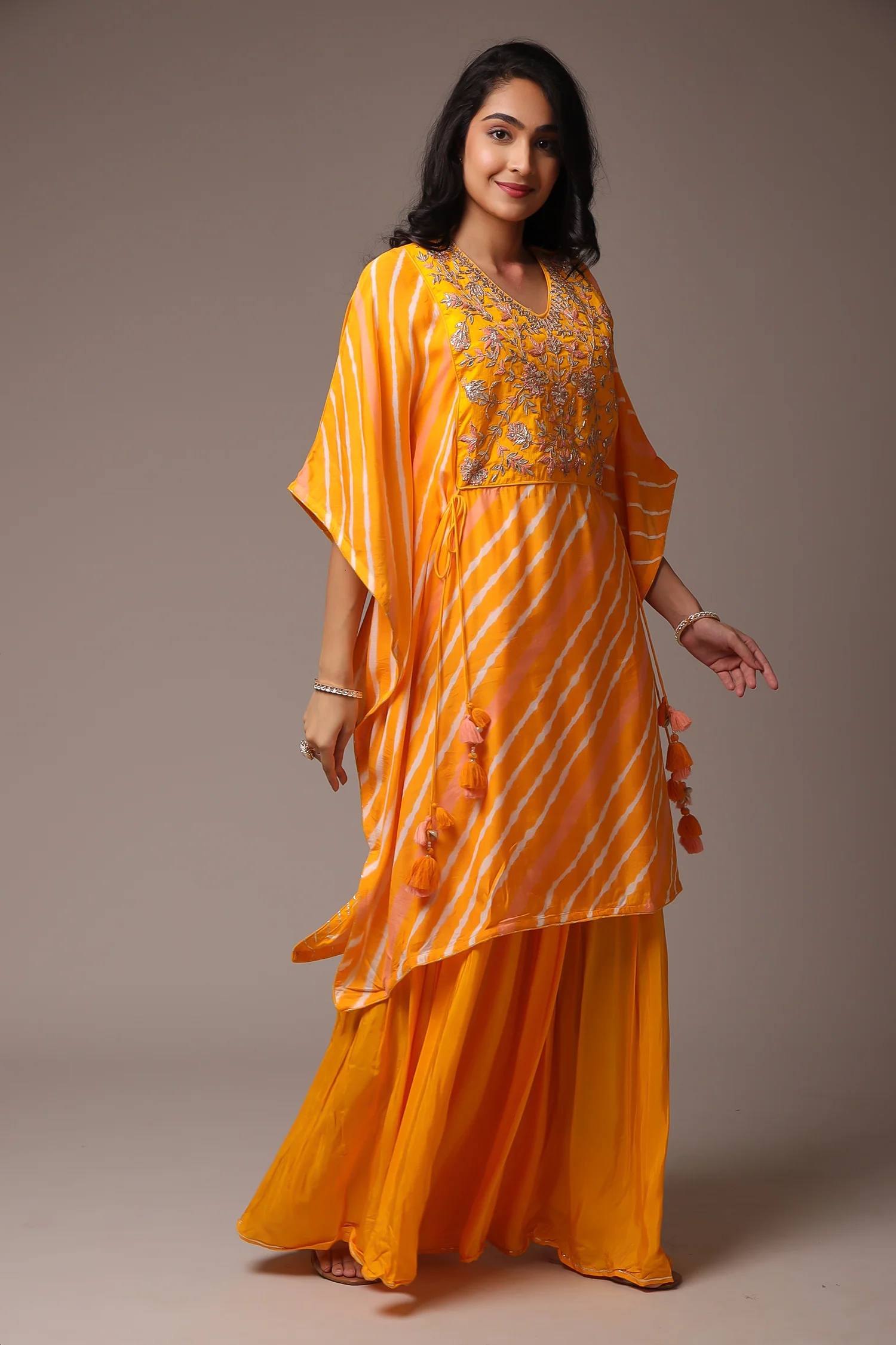 Embroidered Leheriya Silk Kaftan with Gota Patti work. - Image 11