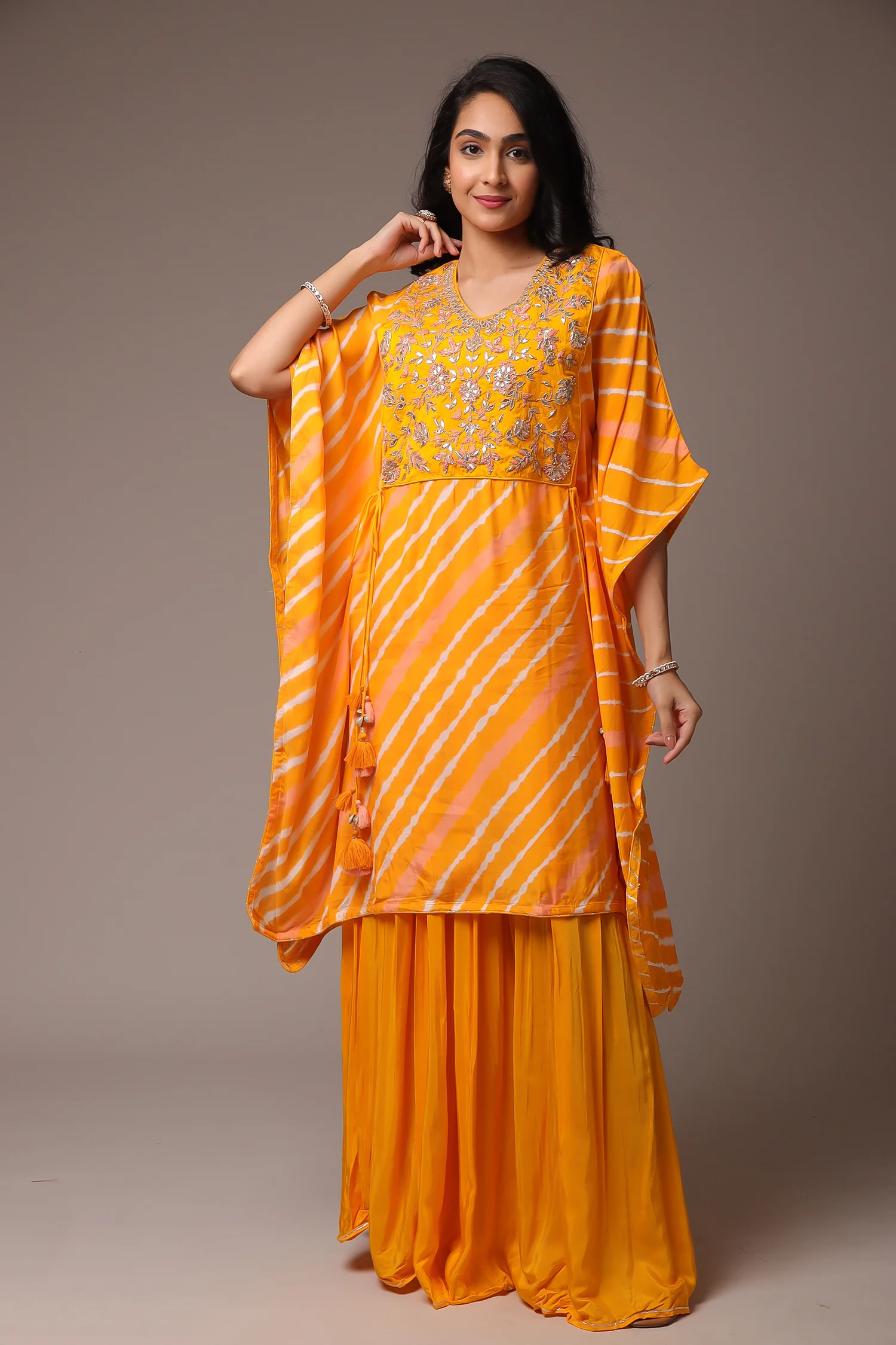 Embroidered Leheriya Silk Kaftan with Gota Patti work. - Image 7
