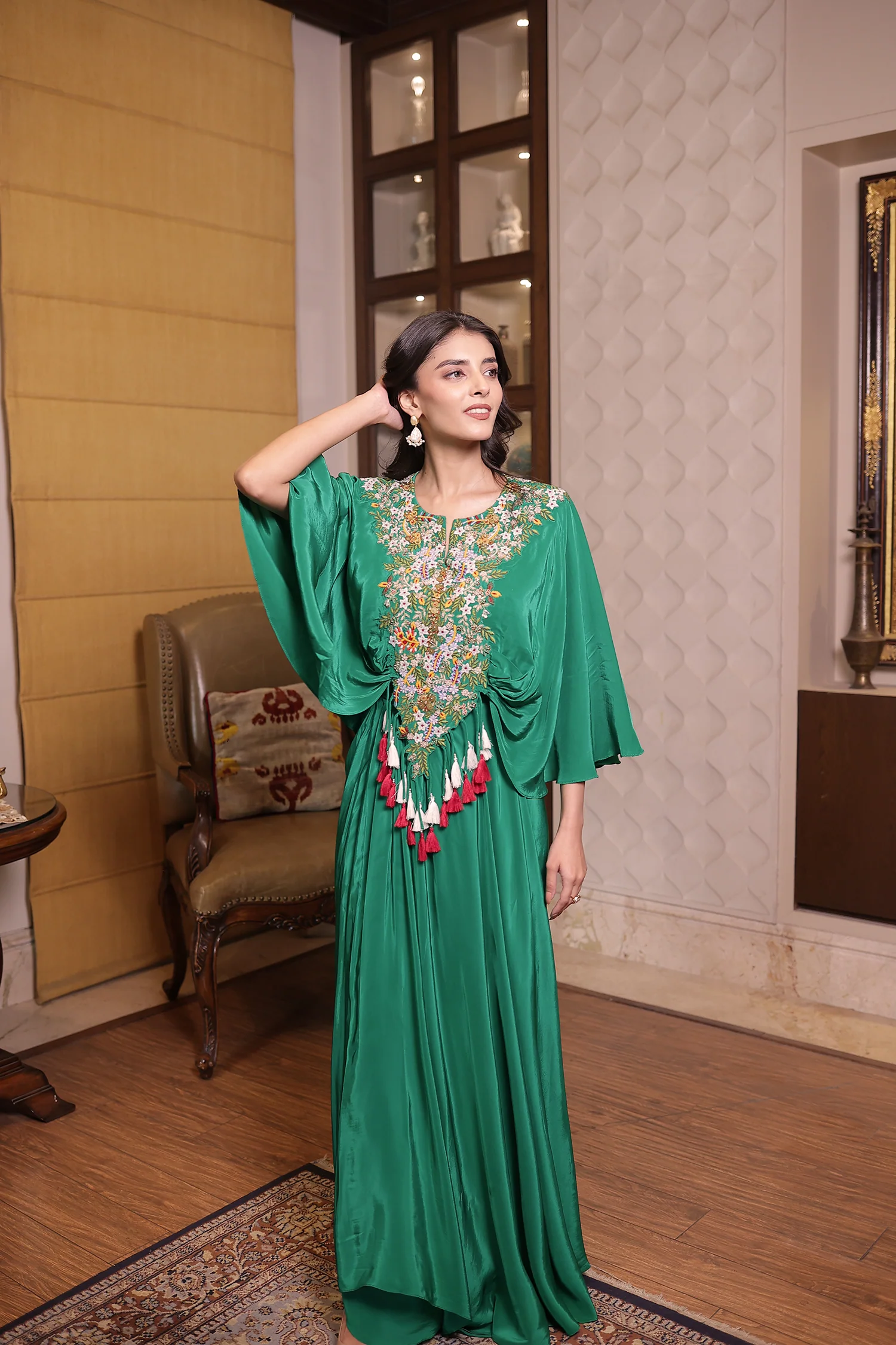 Dark Green Silk Kaftan with Sequins and Thread work - Image 5