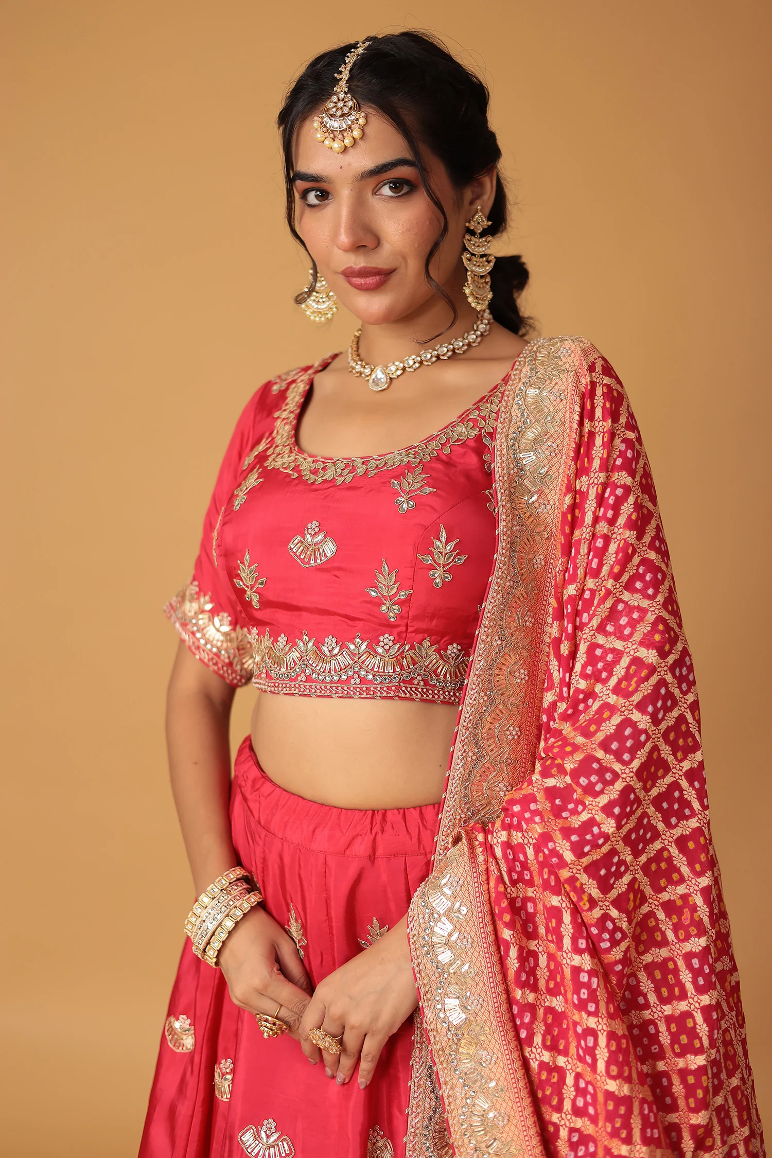 Red Silk Lehenga with Dori, Gota Patti & Pearl Work Paired with Bandhej Dupatta - Image 2
