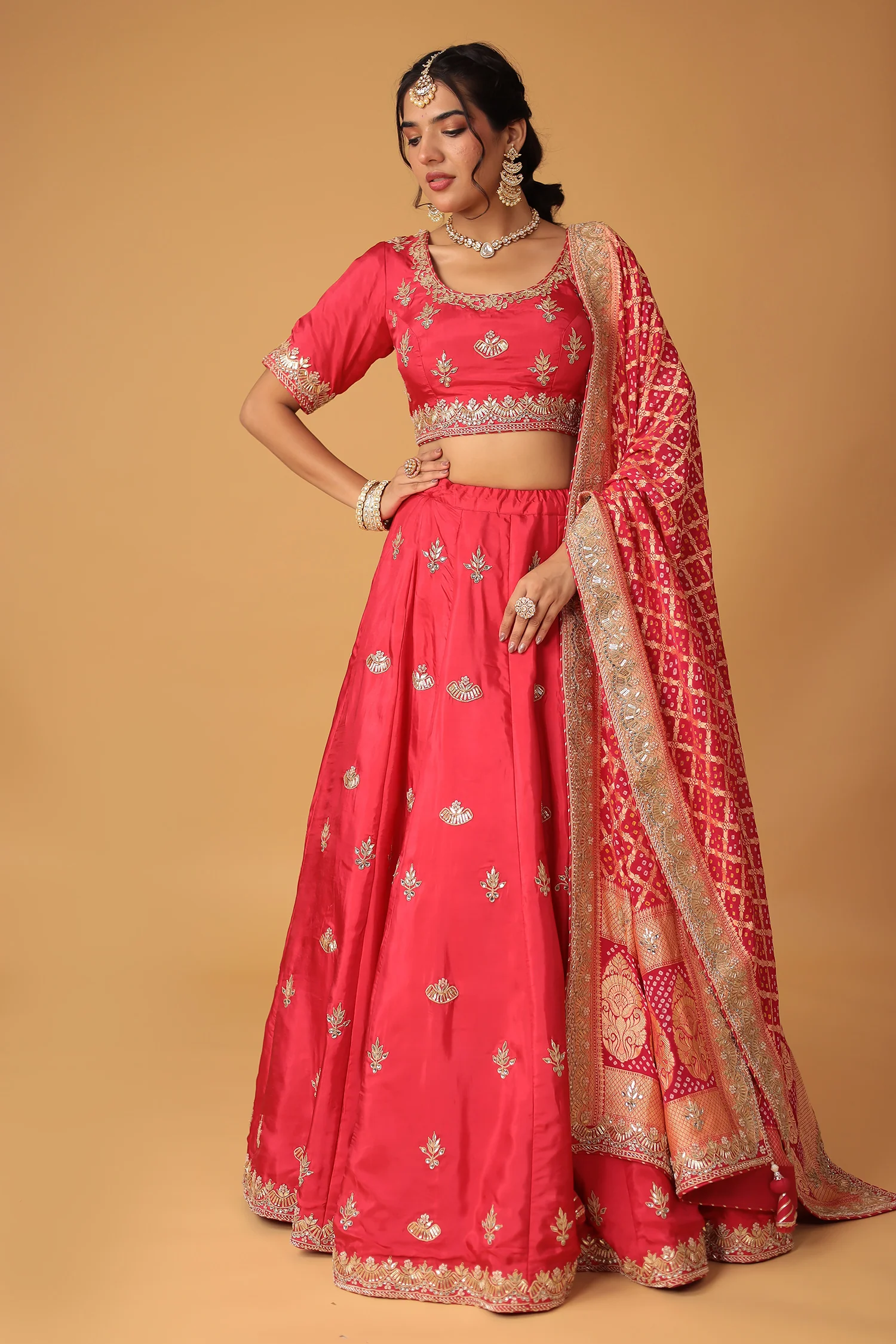 Red Silk Lehenga with Dori, Gota Patti & Pearl Work Paired with Bandhej Dupatta - Image 3