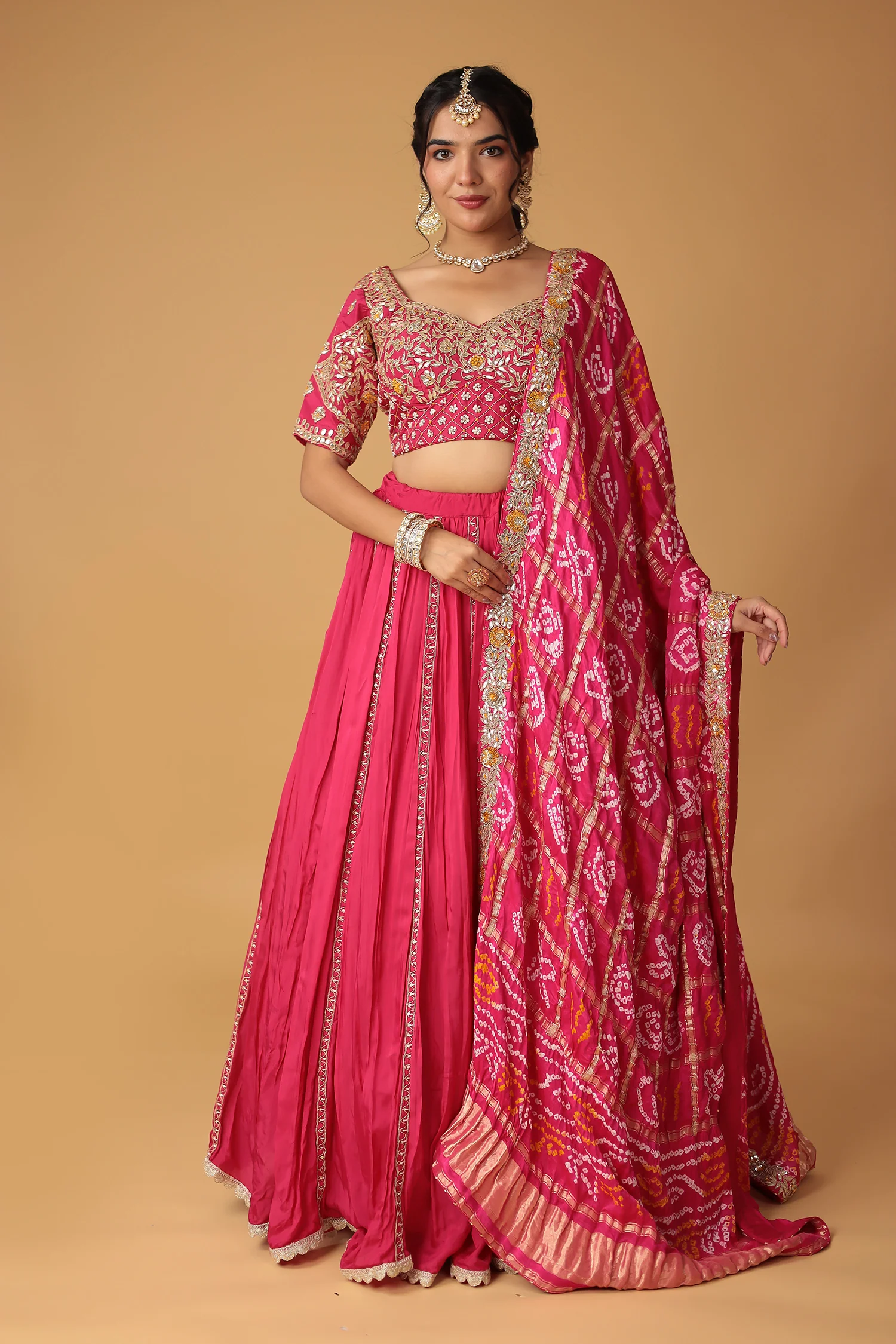Bandhej Silk Lehenga Embellished with Gota Patti, Thread and Zardozi work. - Image 7